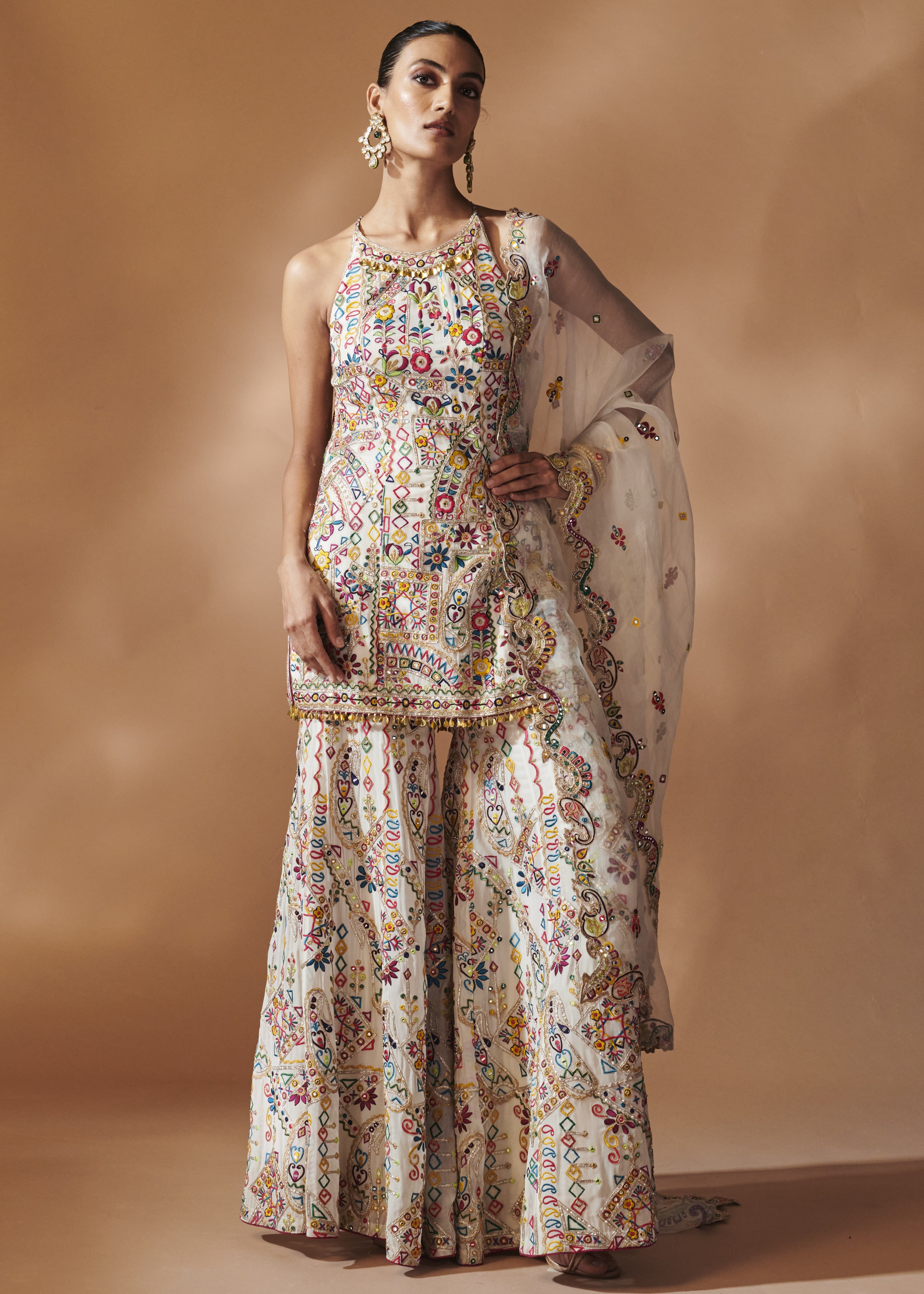 Ivory Sharara And Halter Kurta Set
