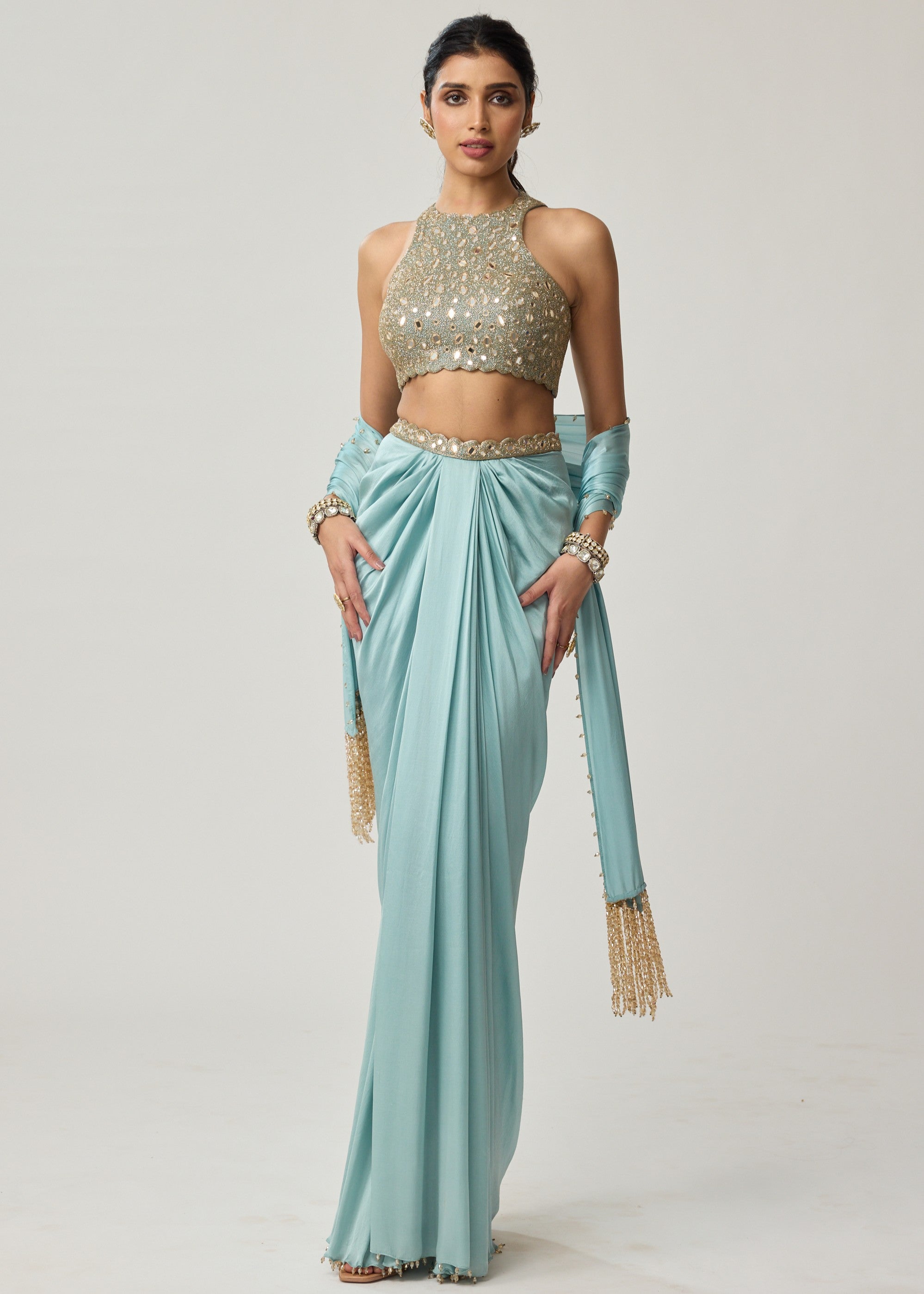 Powder Blue Mirror Satin Draped Skirt Set