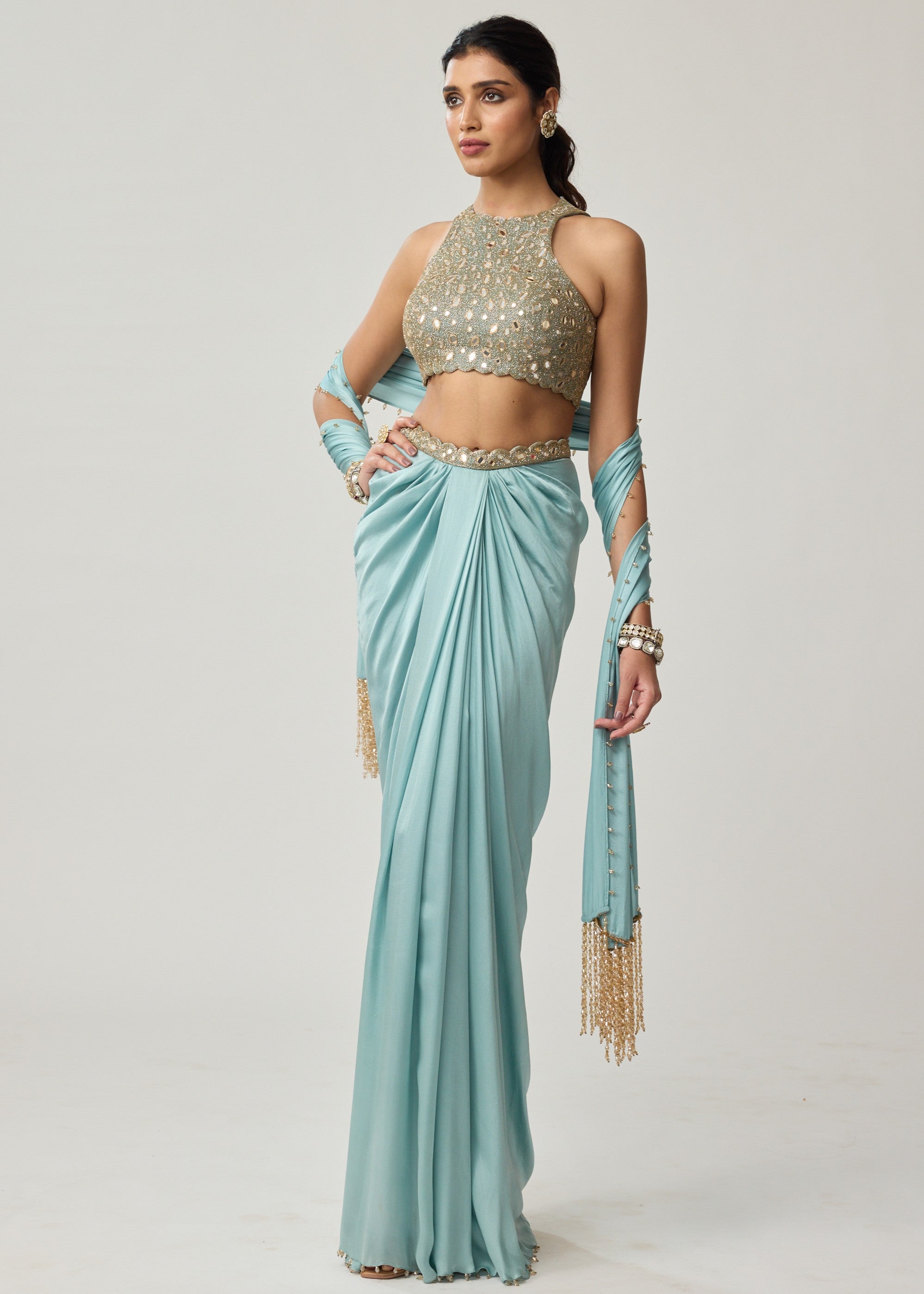 Powder Blue Mirror Satin Draped Skirt Set