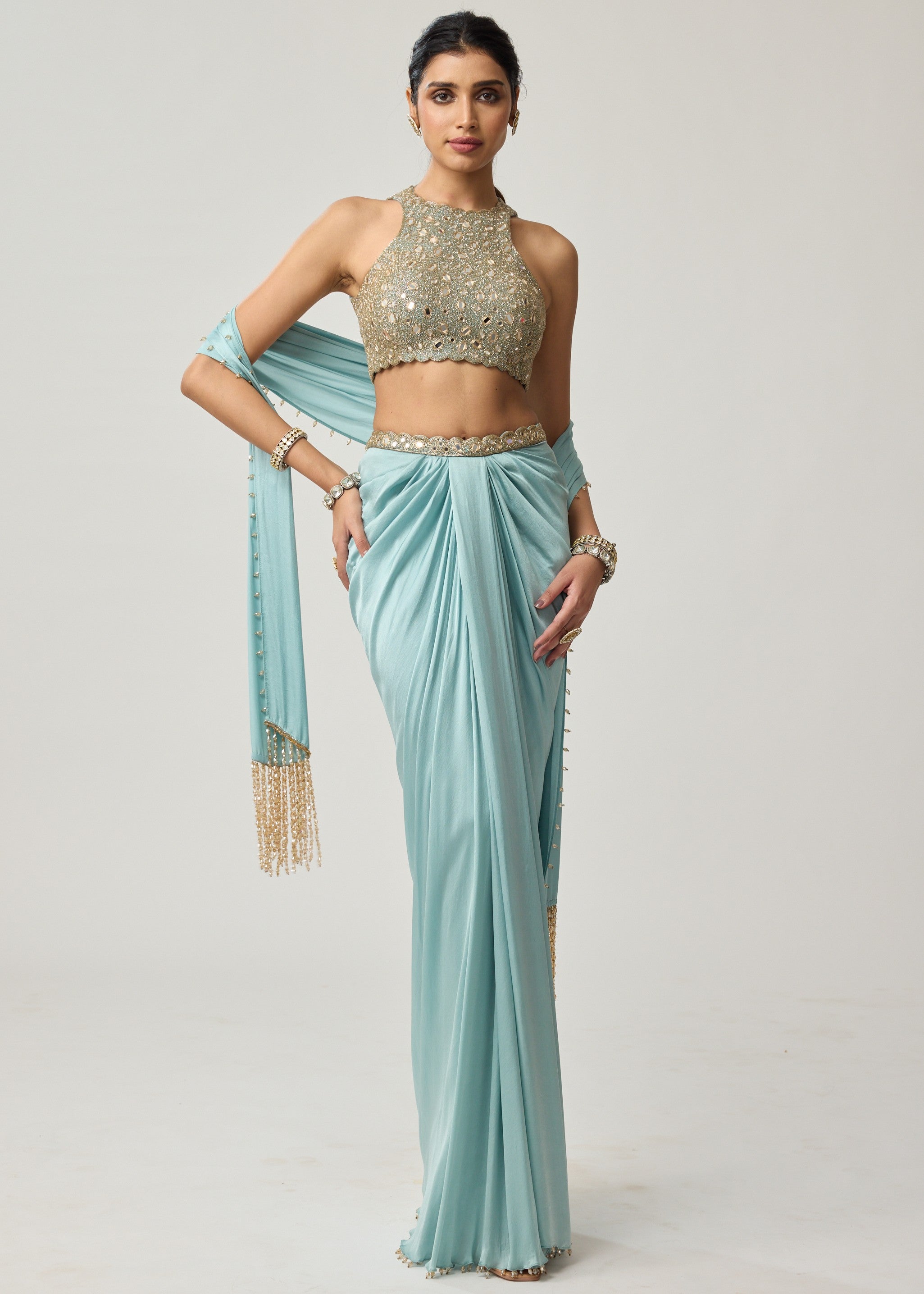Powder Blue Mirror Satin Draped Skirt Set