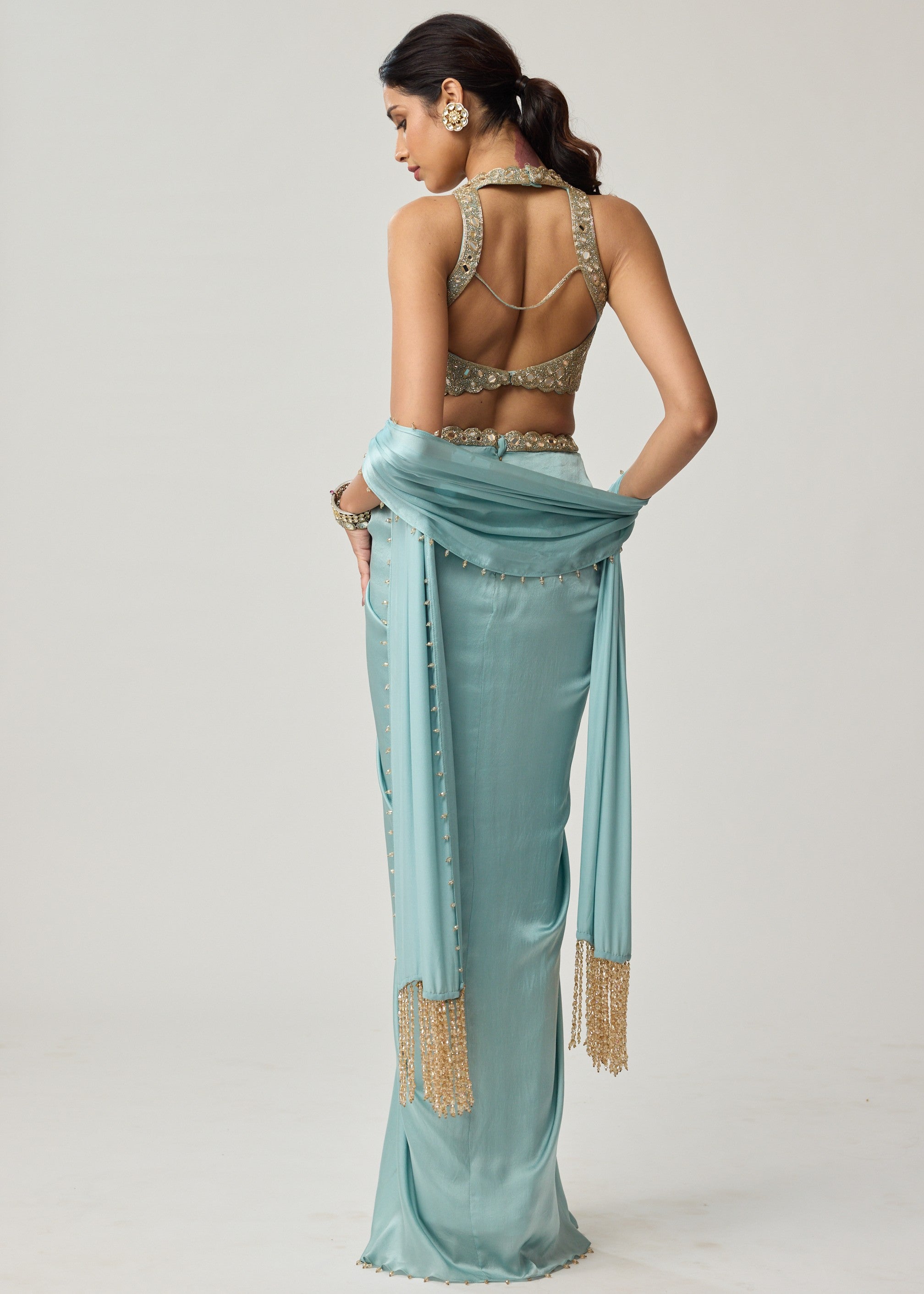Powder Blue Mirror Satin Draped Skirt Set