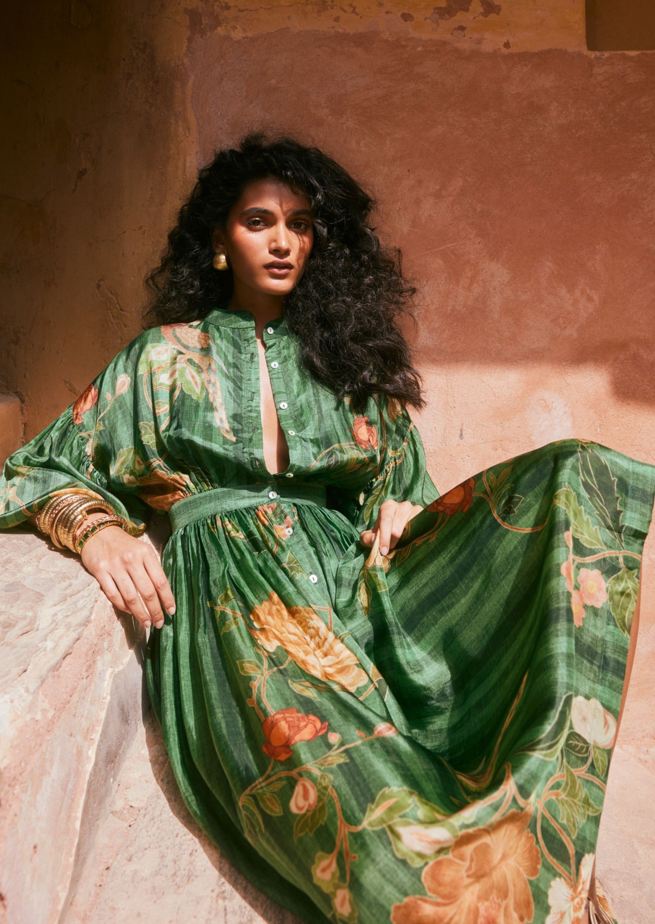 Green Floral Printed Front Button Maxi Dress L / Green Green Floral Printed Front Button Maxi Dress L / Green