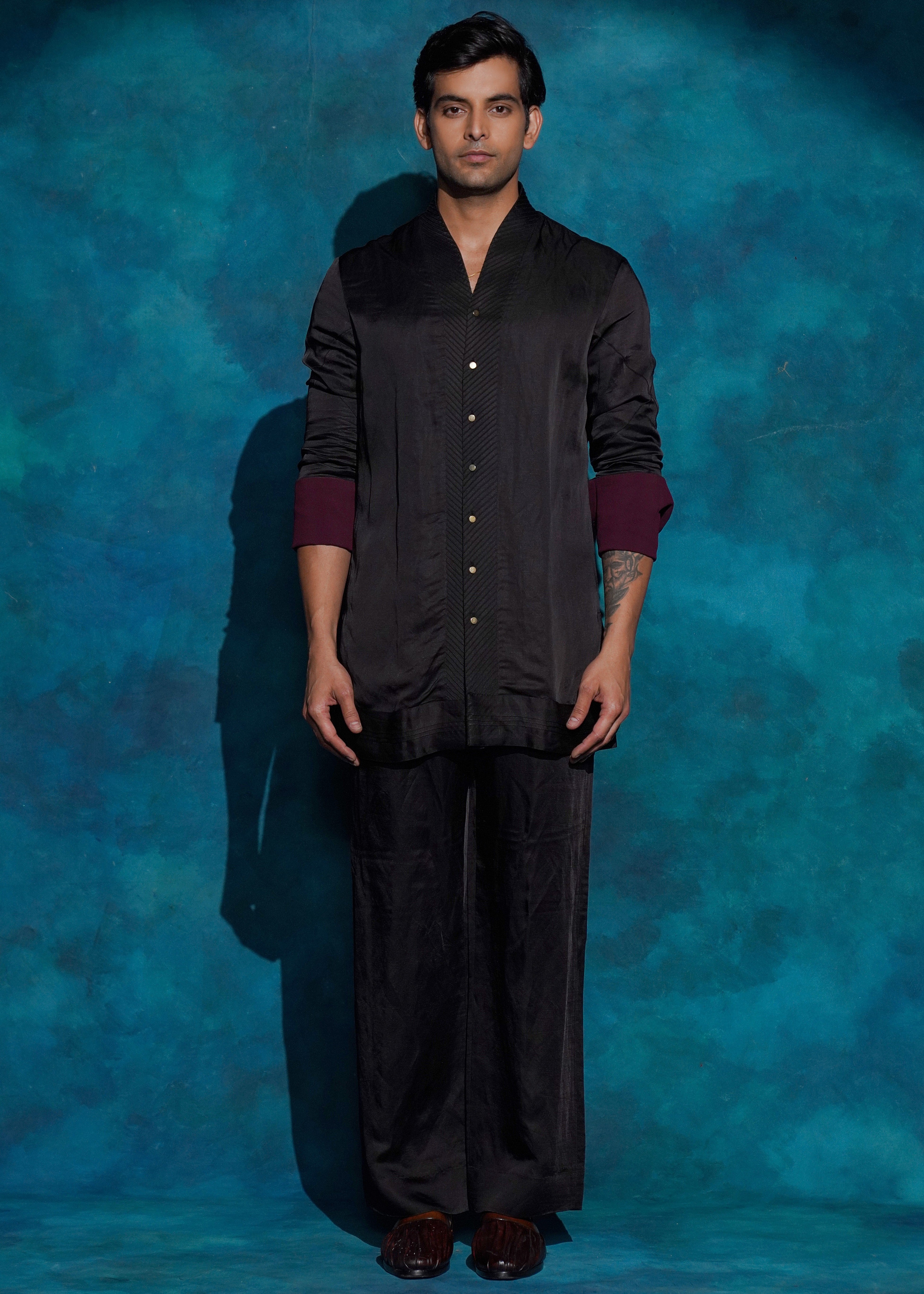 Black Shawl Collar Kurta Set