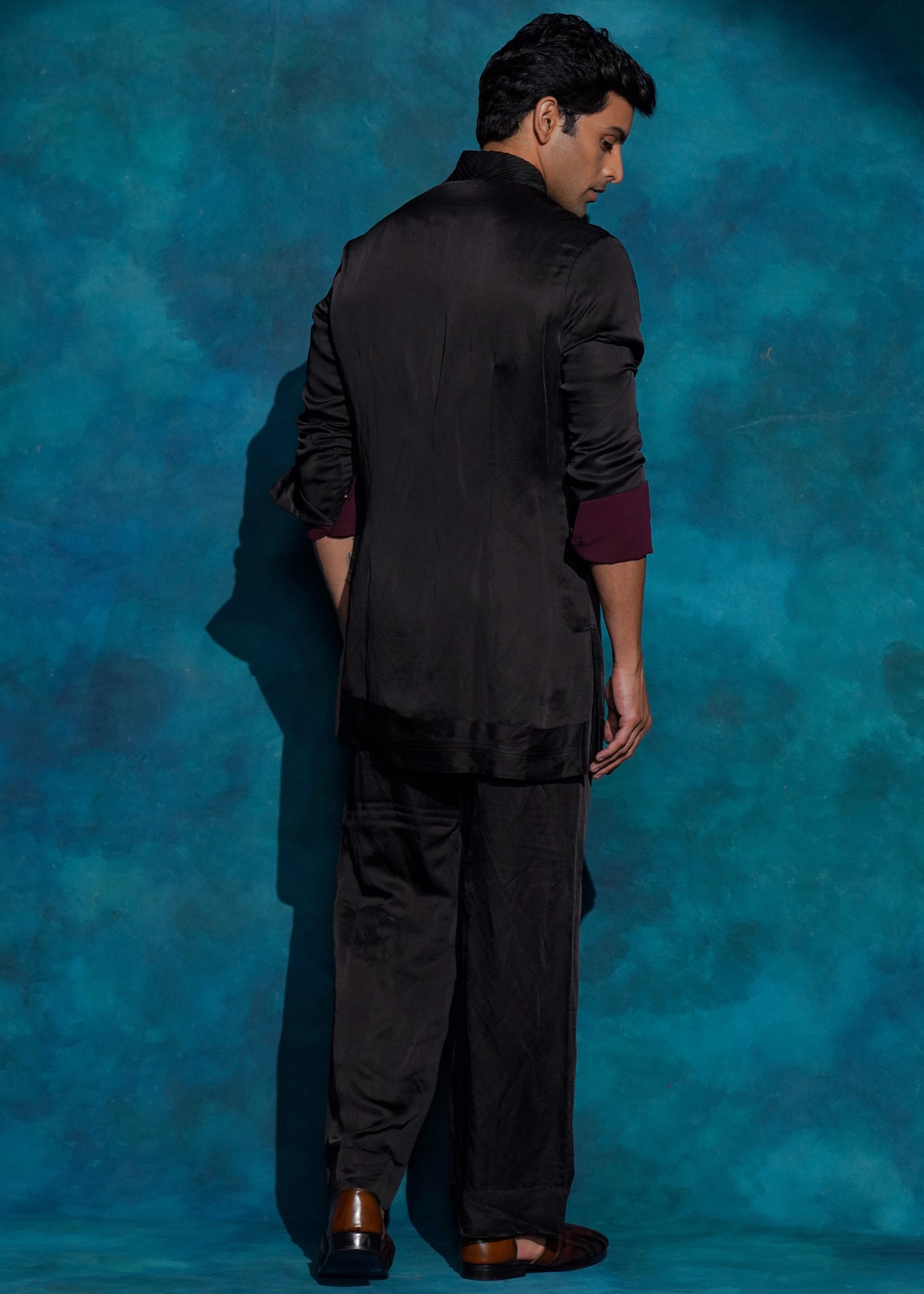 Black Shawl Collar Kurta Set