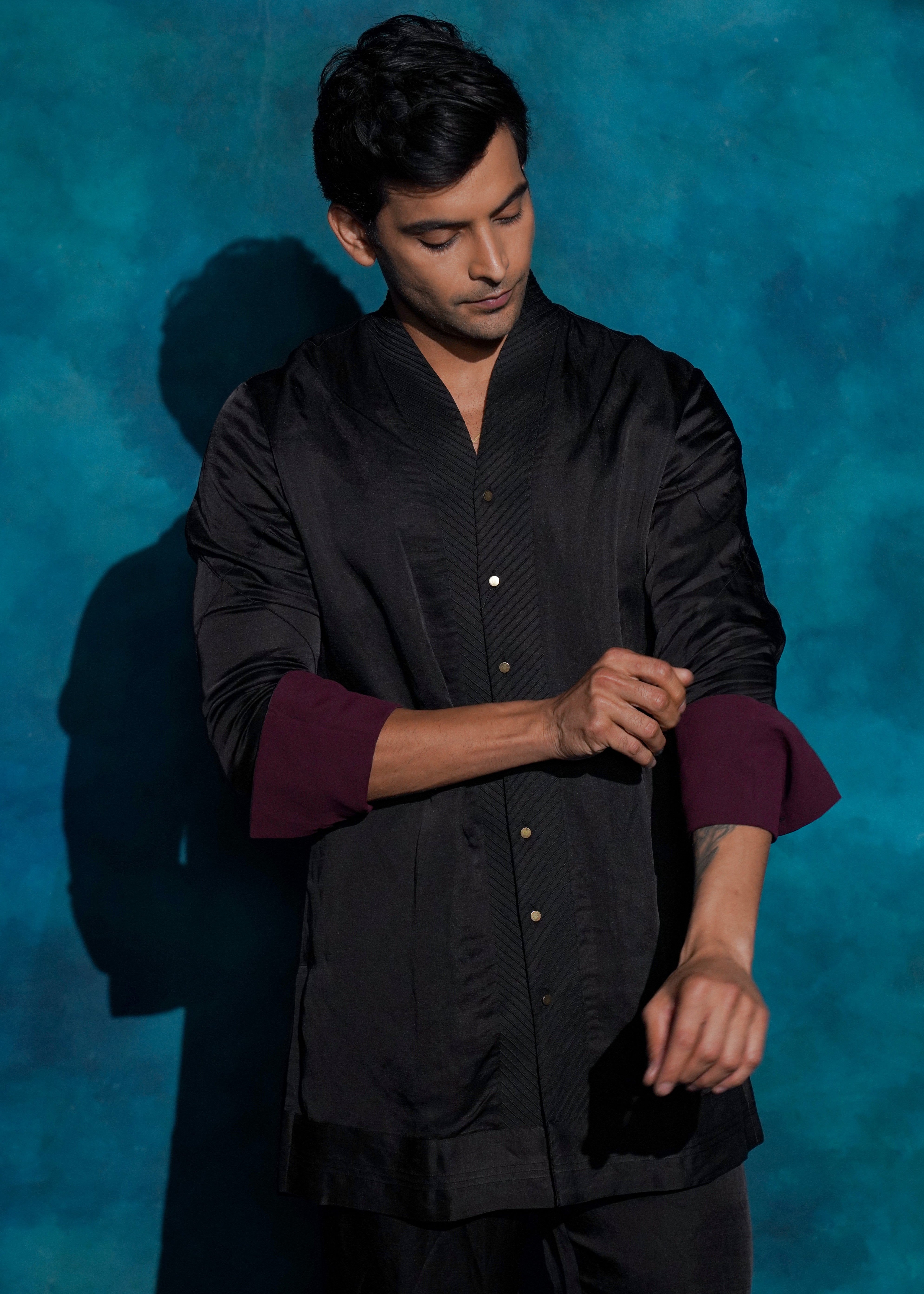 Black Shawl Collar Kurta Set