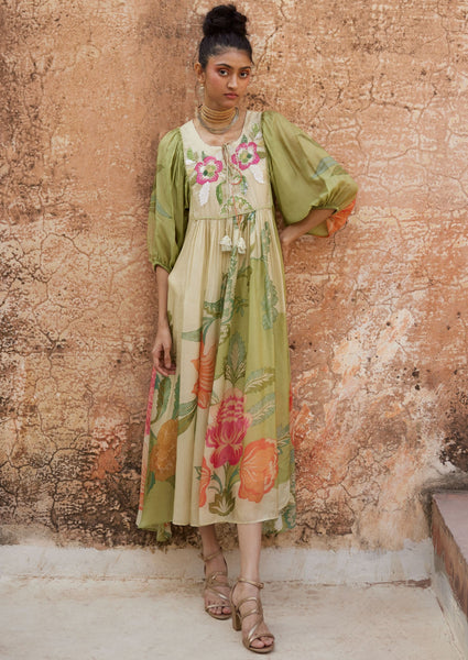 Green and White Floral Placement Printed Maxi Dress