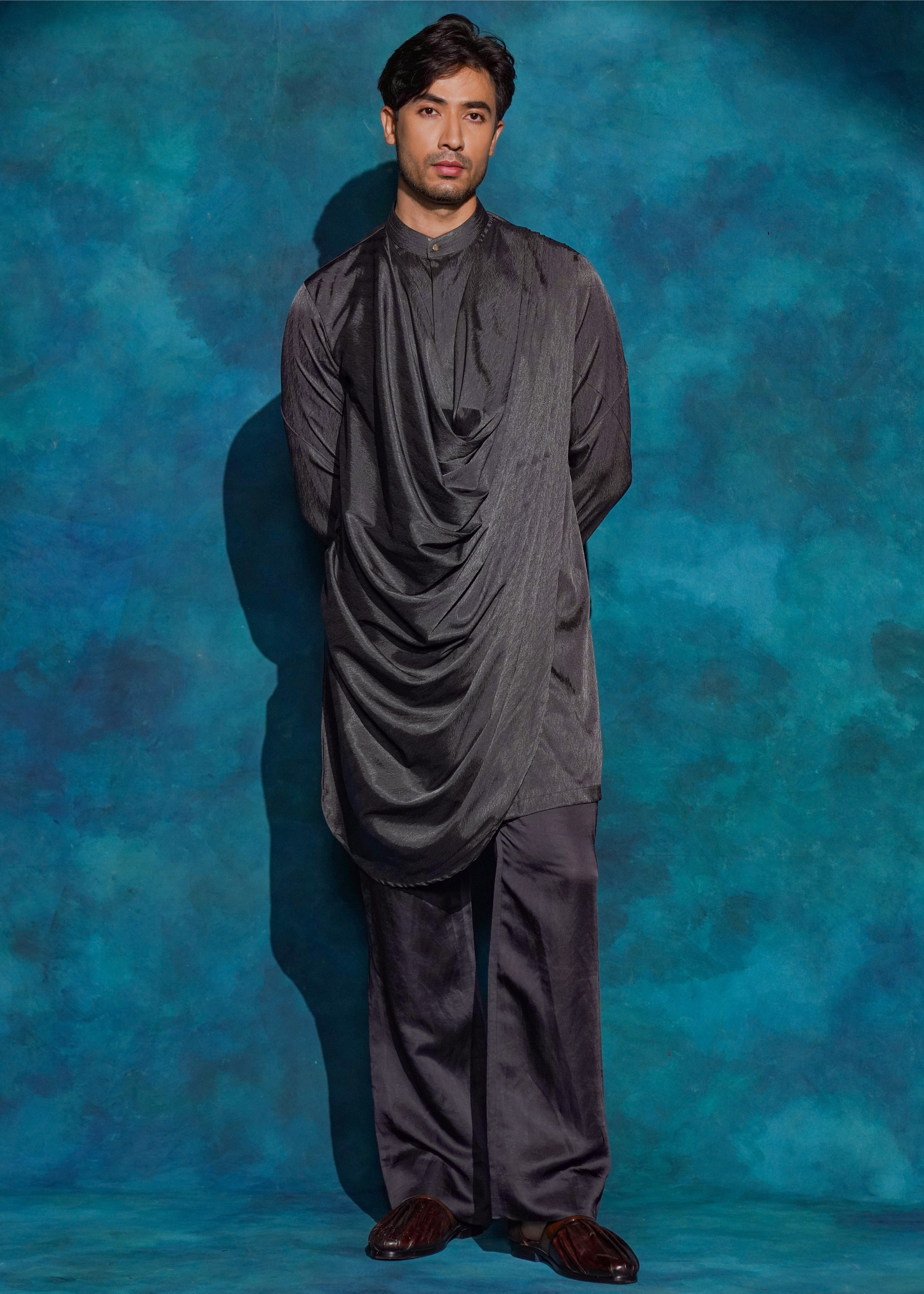 Charcoal Gray Long Drape Kurta Set