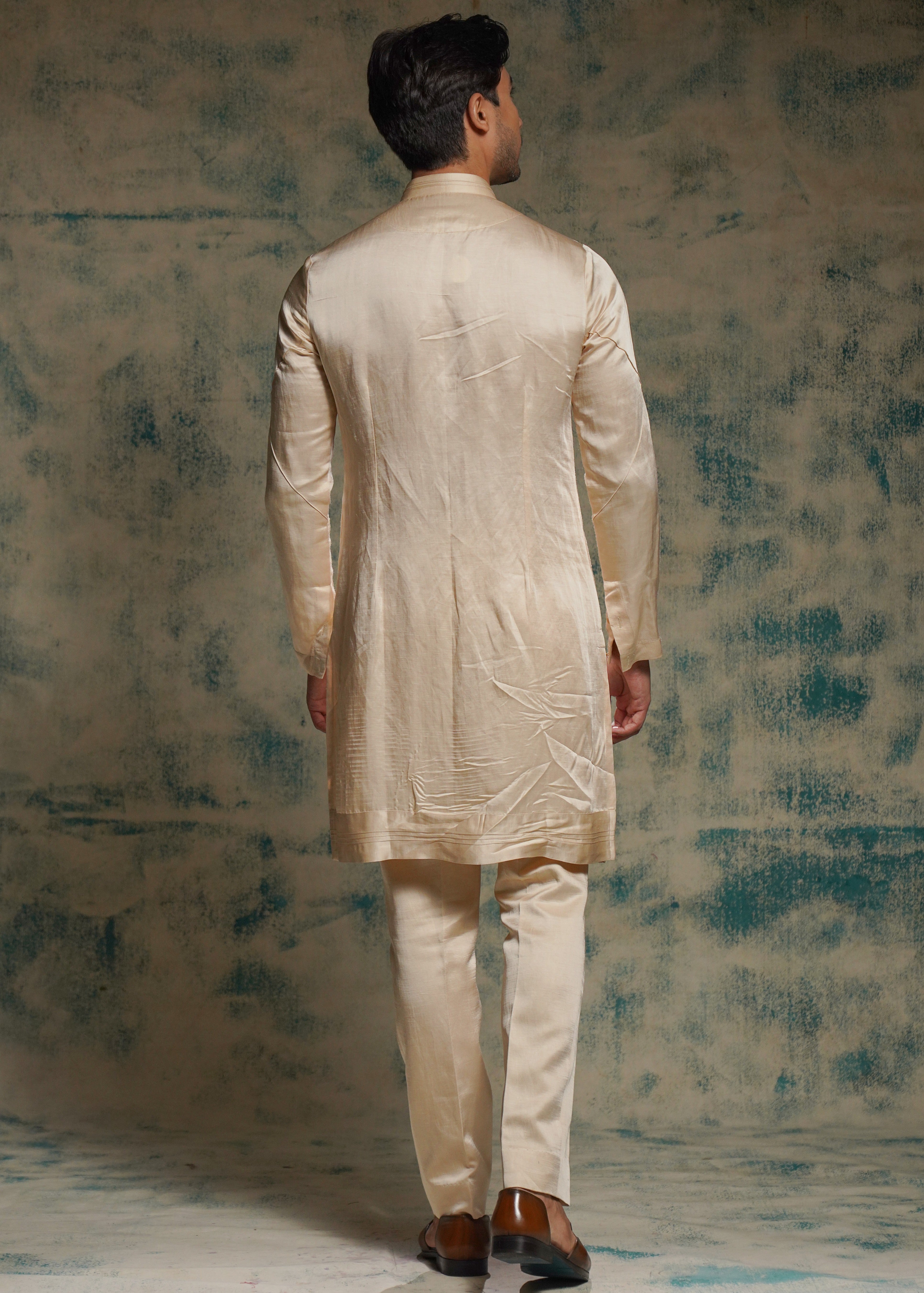 Buttercream Long Kurta Set With Drape