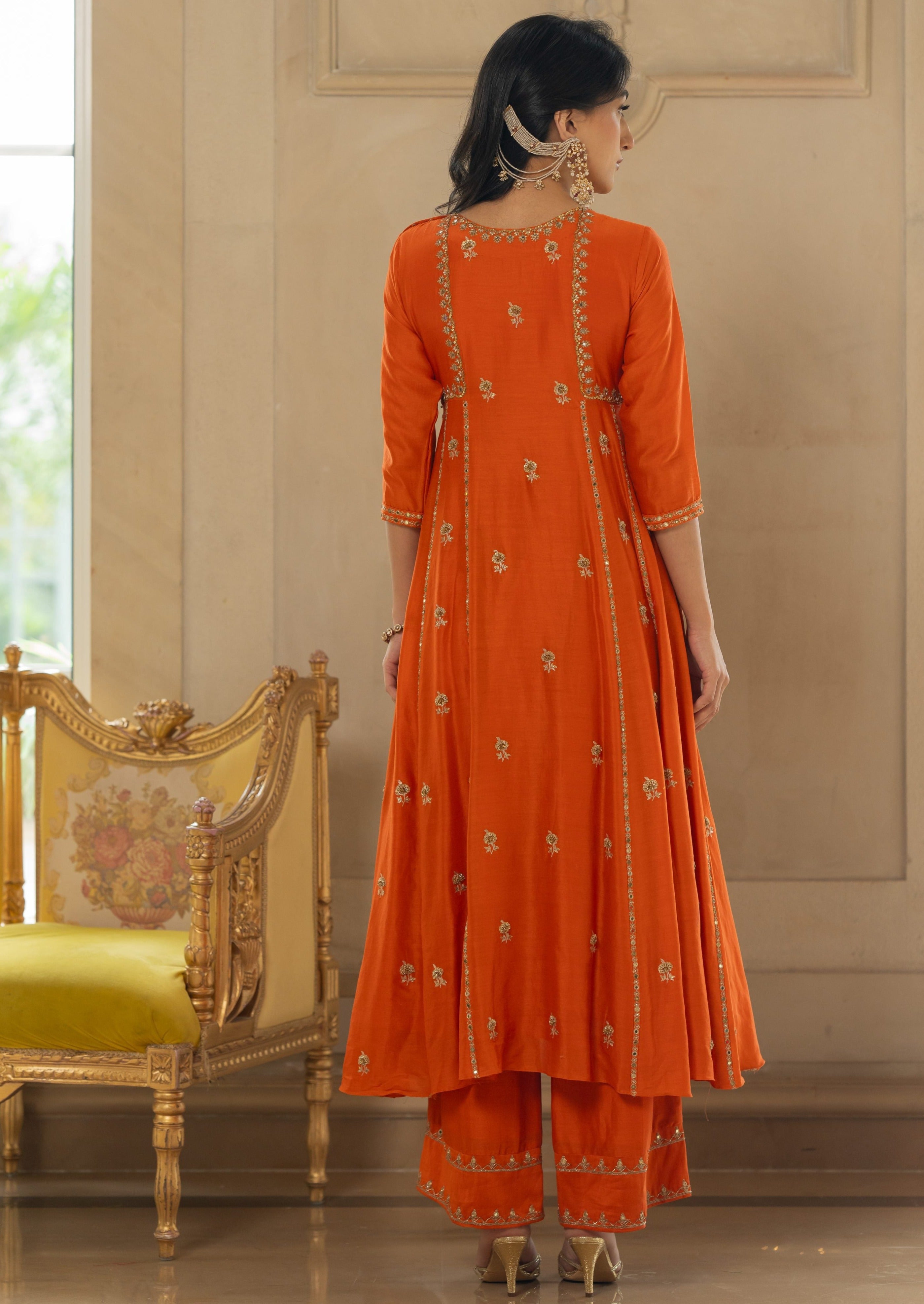 Rust Butti Embroidered Kurta Set