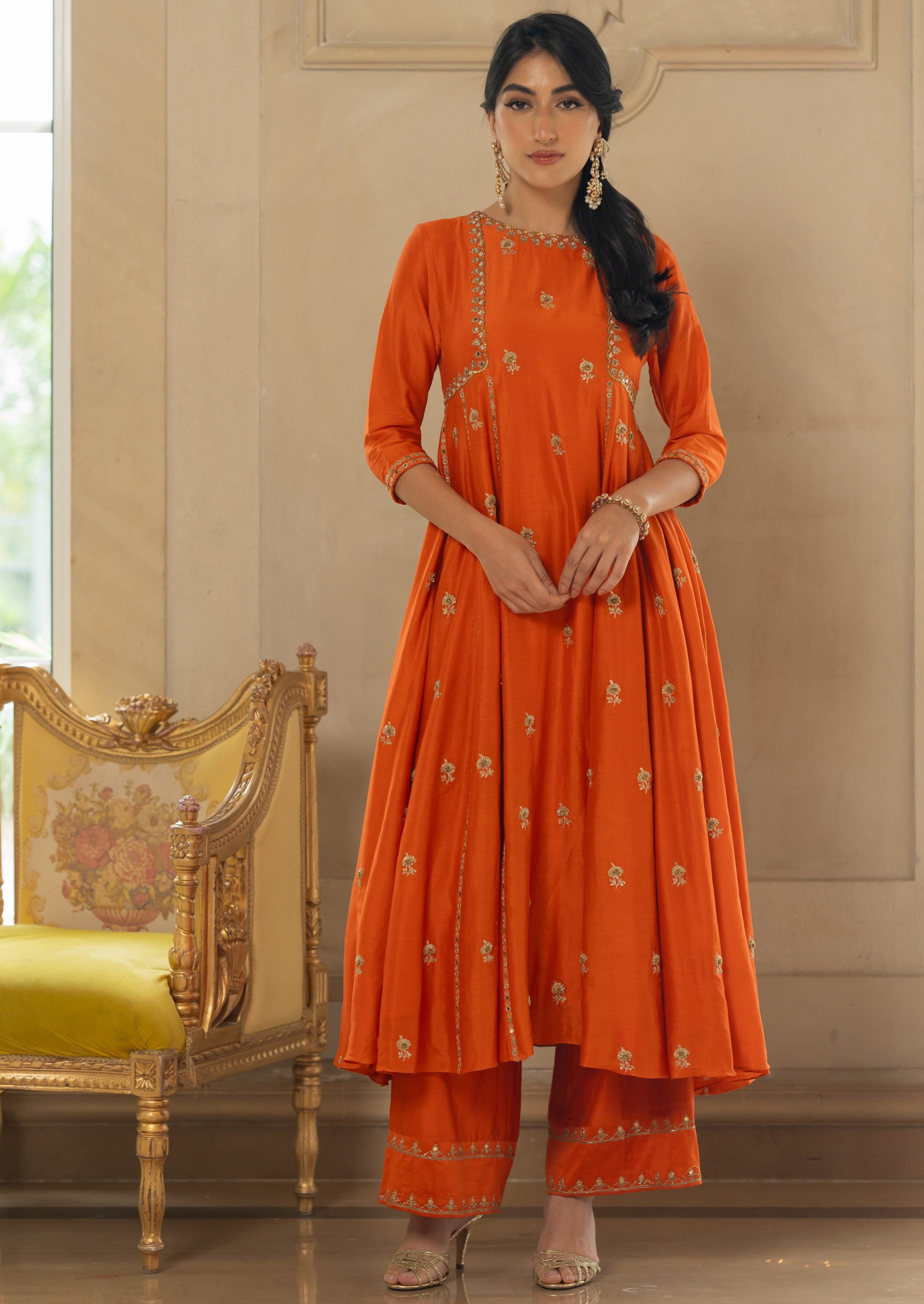 Rust Butti Embroidered Kurta Set