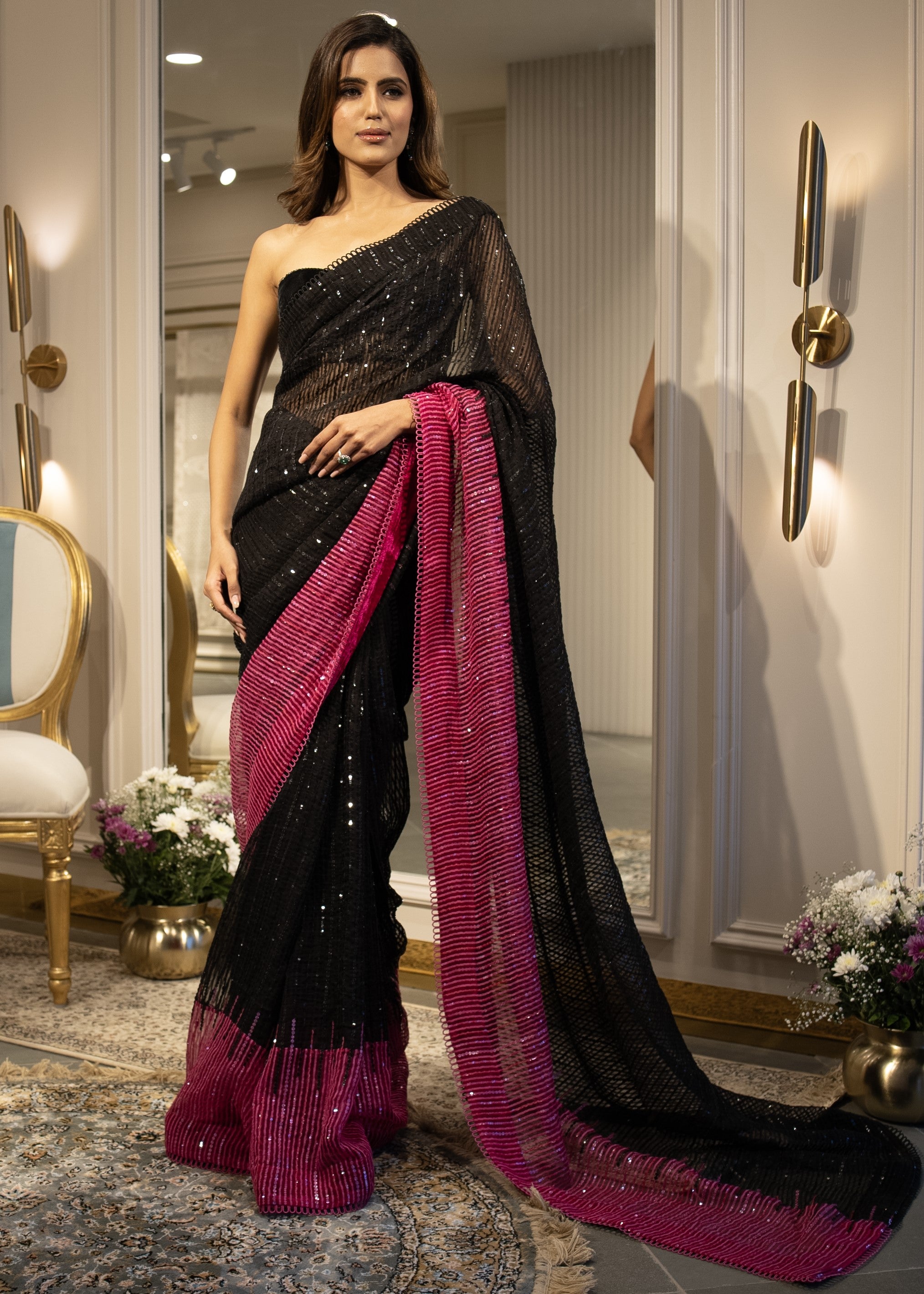 Black To Hot Pink Sequins Handloom Organza Sari