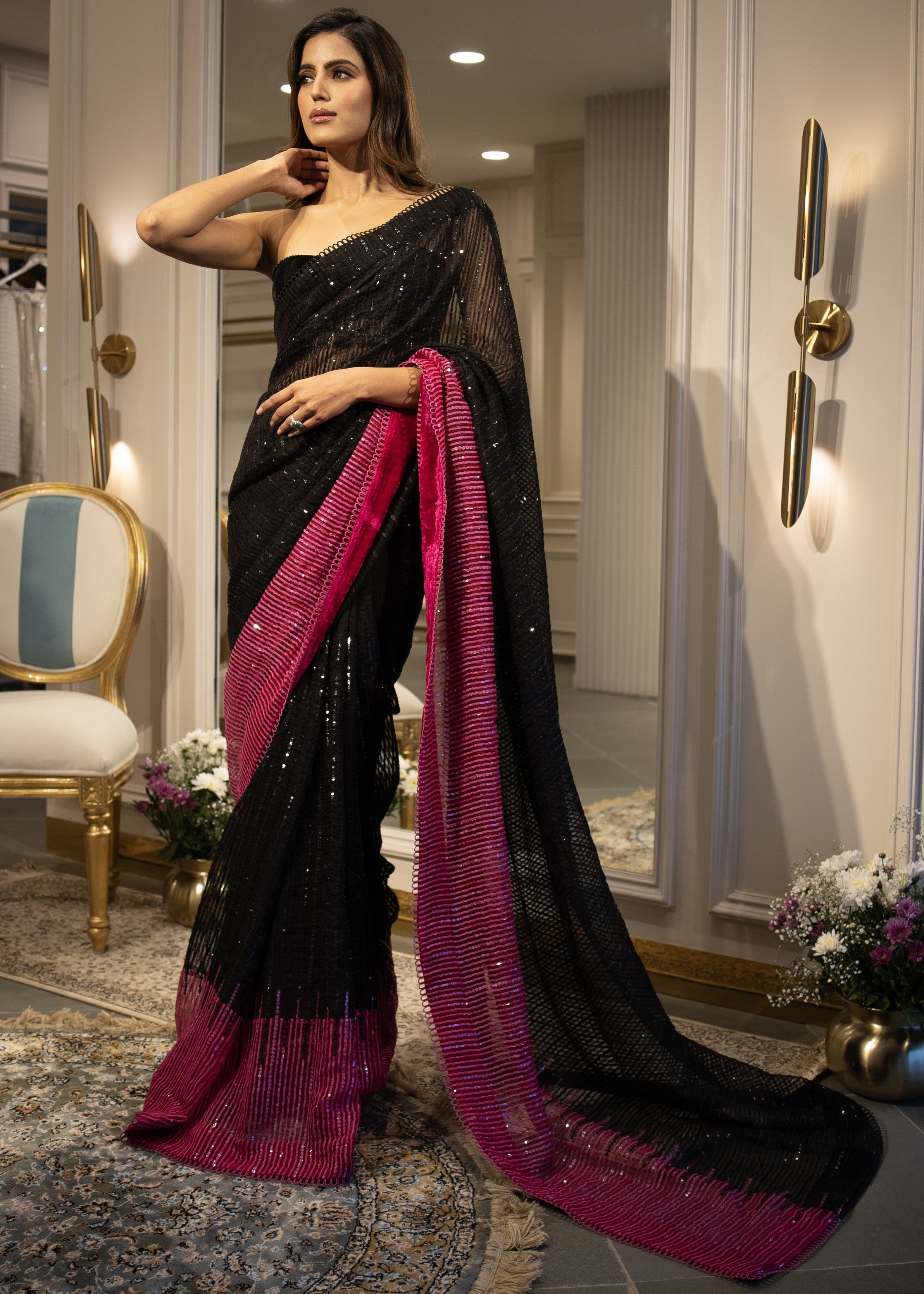 Black To Hot Pink Sequins Handloom Organza Sari