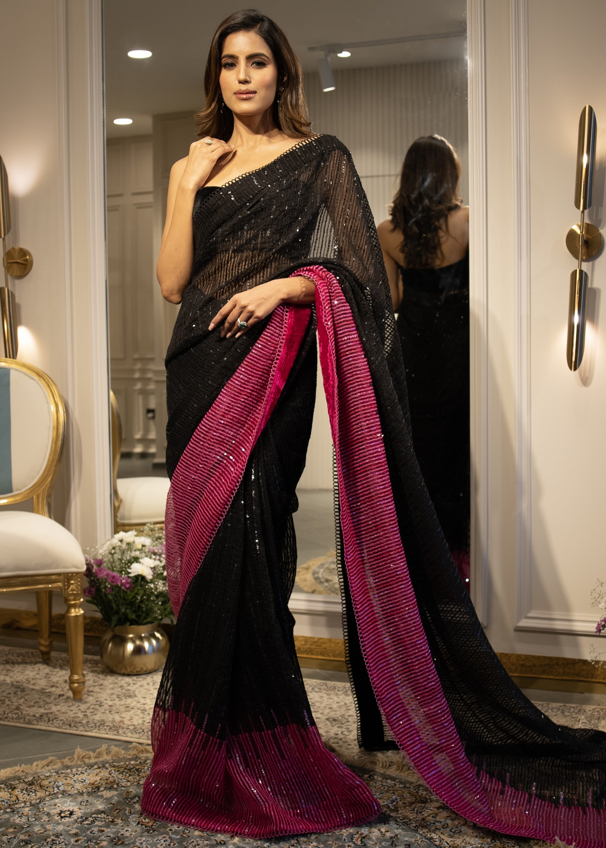 Black To Hot Pink Sequins Handloom Organza Sari