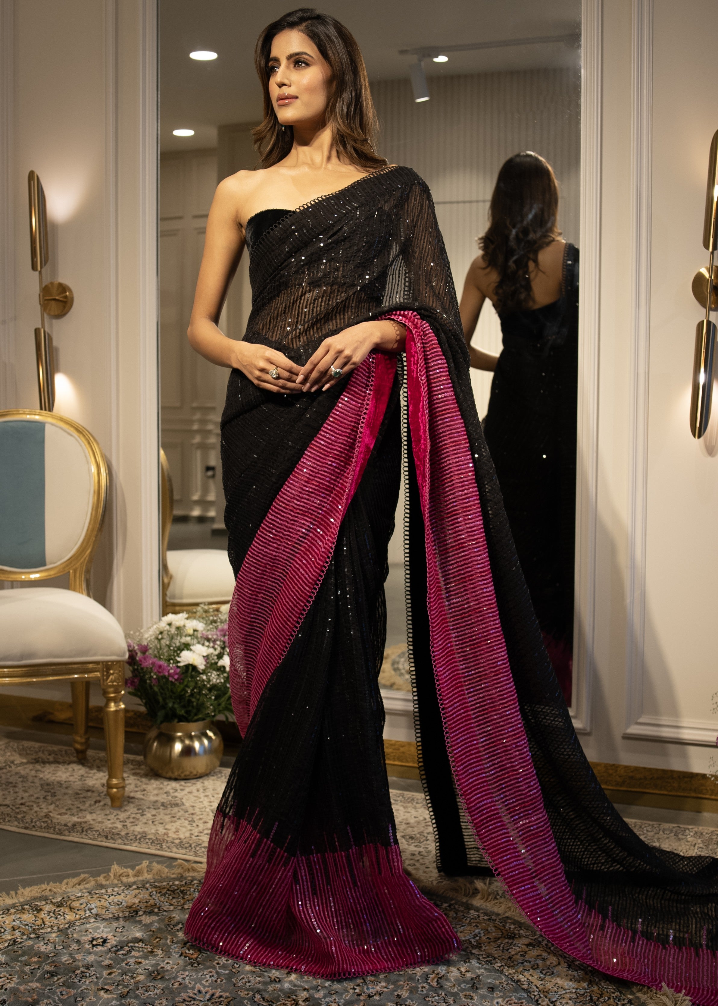 Black To Hot Pink Sequins Handloom Organza Sari