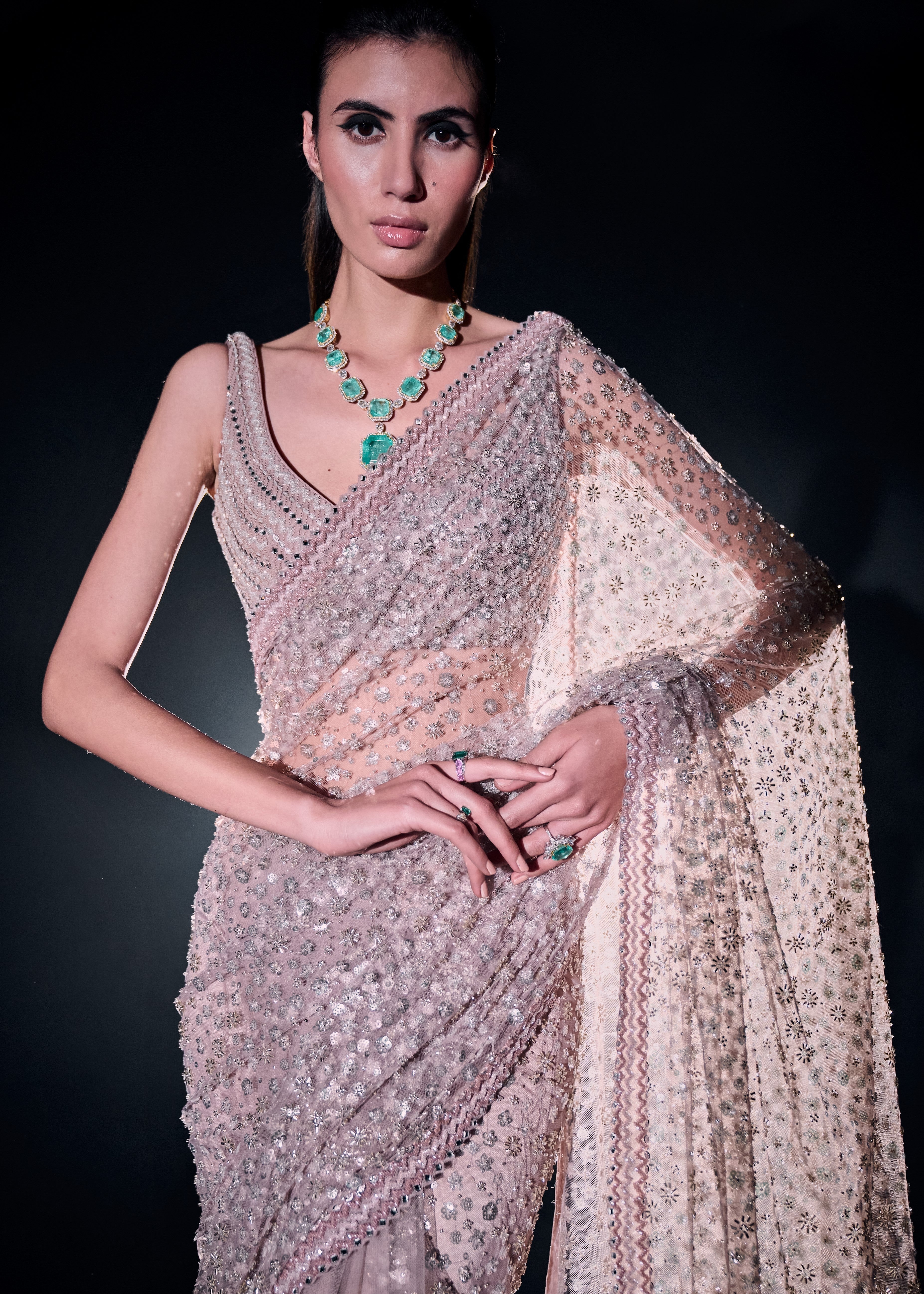 Blush Pink Sequins And Cutdana Sari