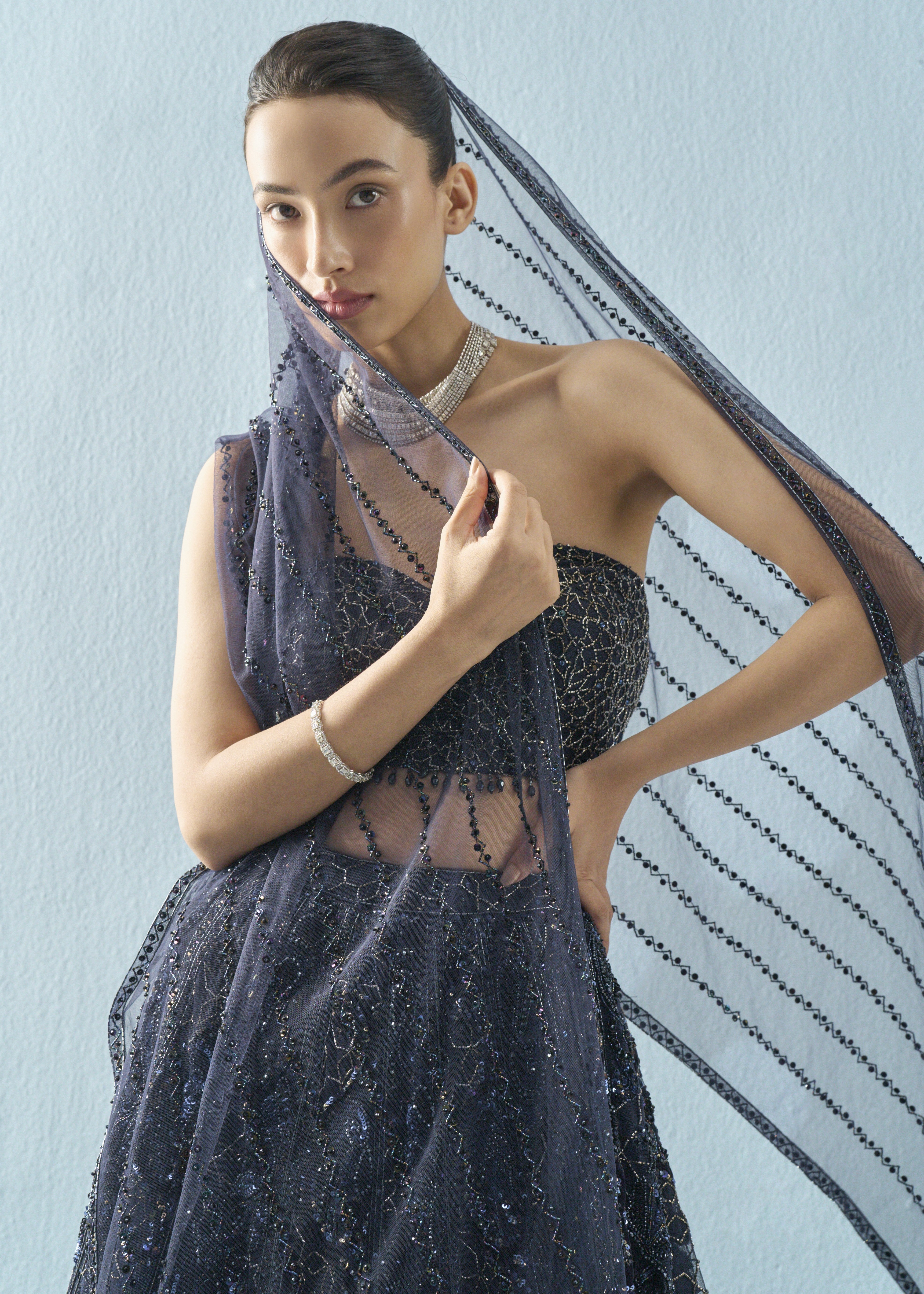 Navy Blue Tulle Lehenga Set