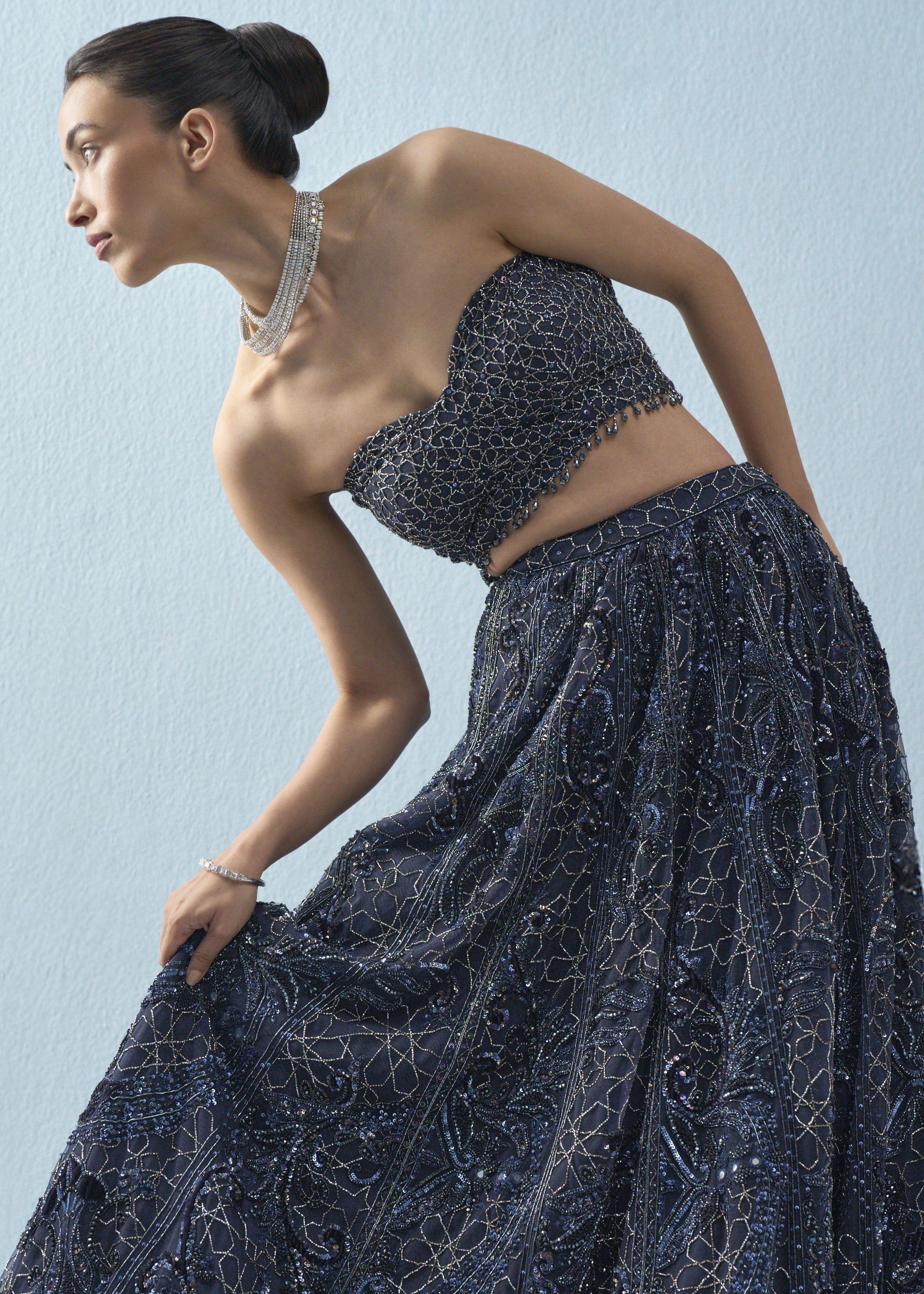 Navy Blue Tulle Lehenga Set