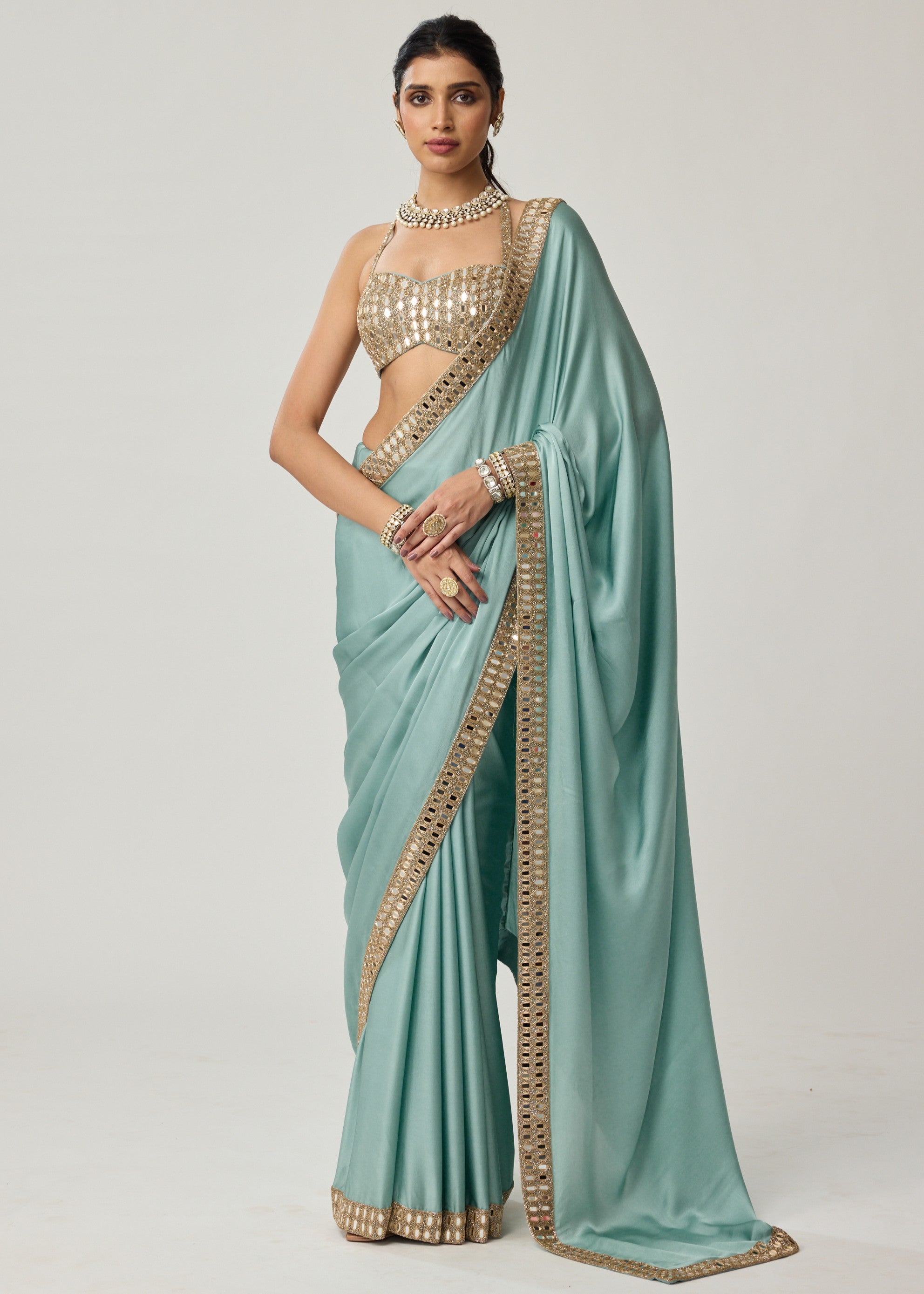Powder Blue Mirror Satin Sari Set