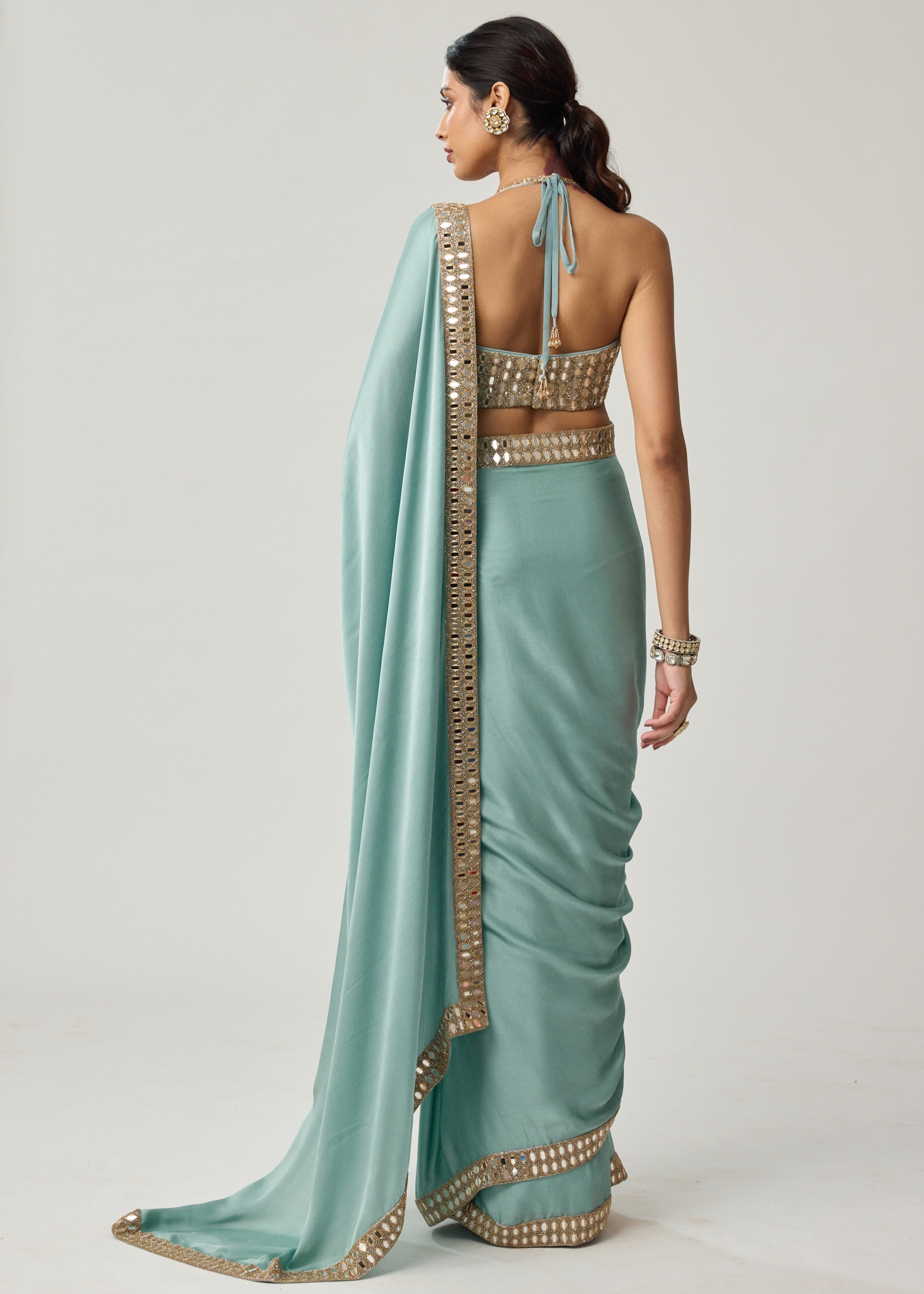 Powder Blue Mirror Satin Sari Set