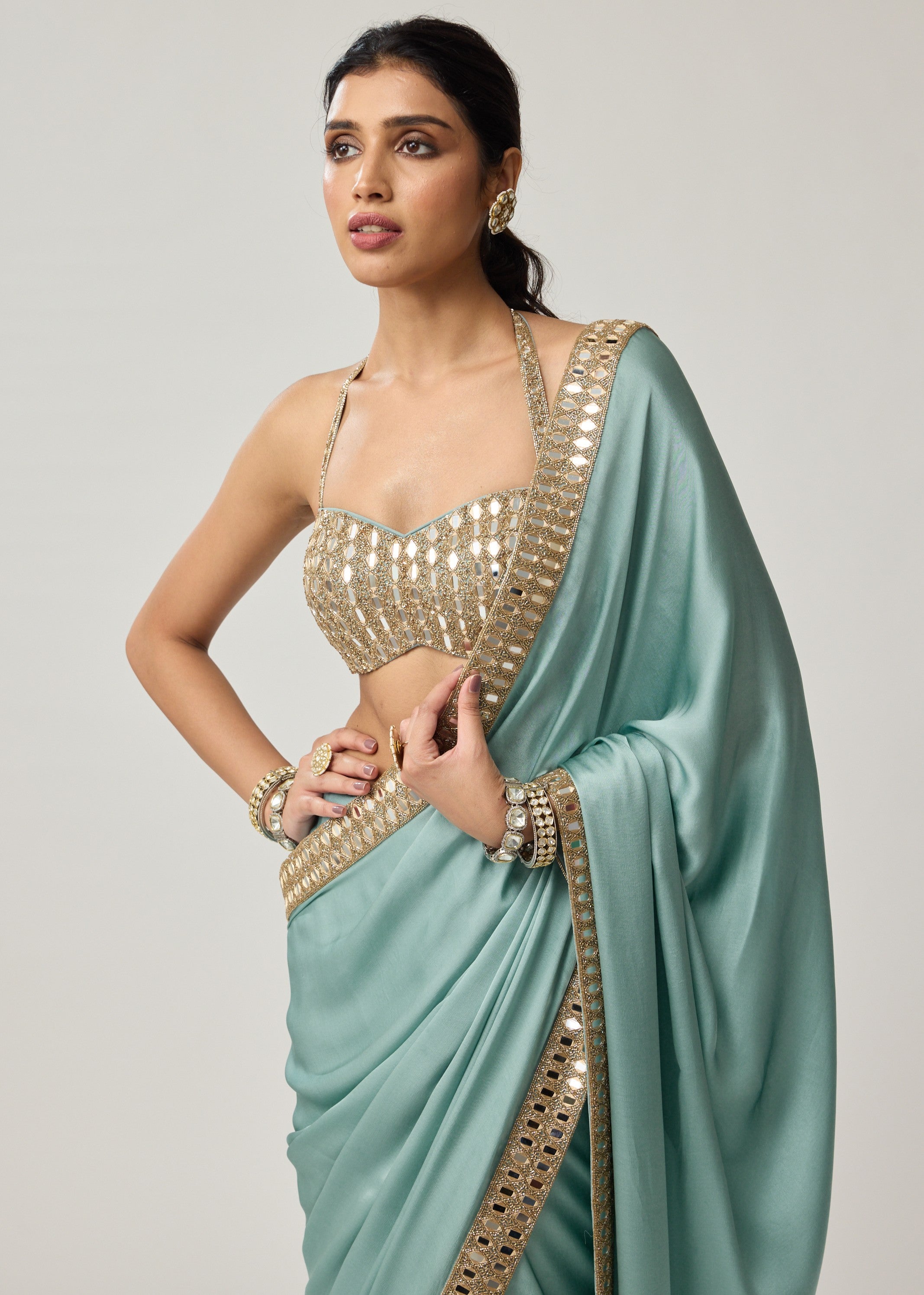 Powder Blue Mirror Satin Sari Set