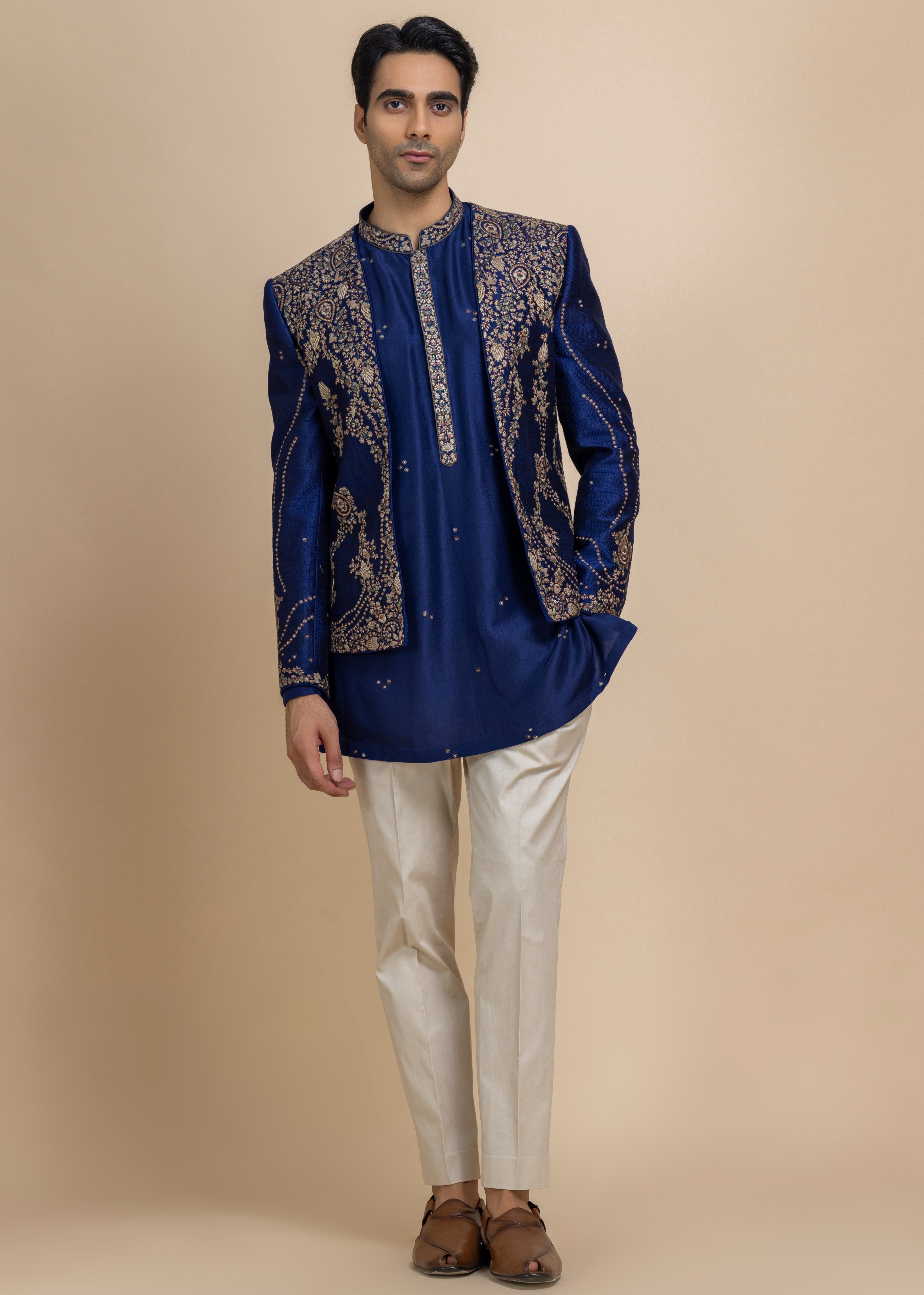 Sterling Royal Blue Open Jacket, Kurta & Pant Set