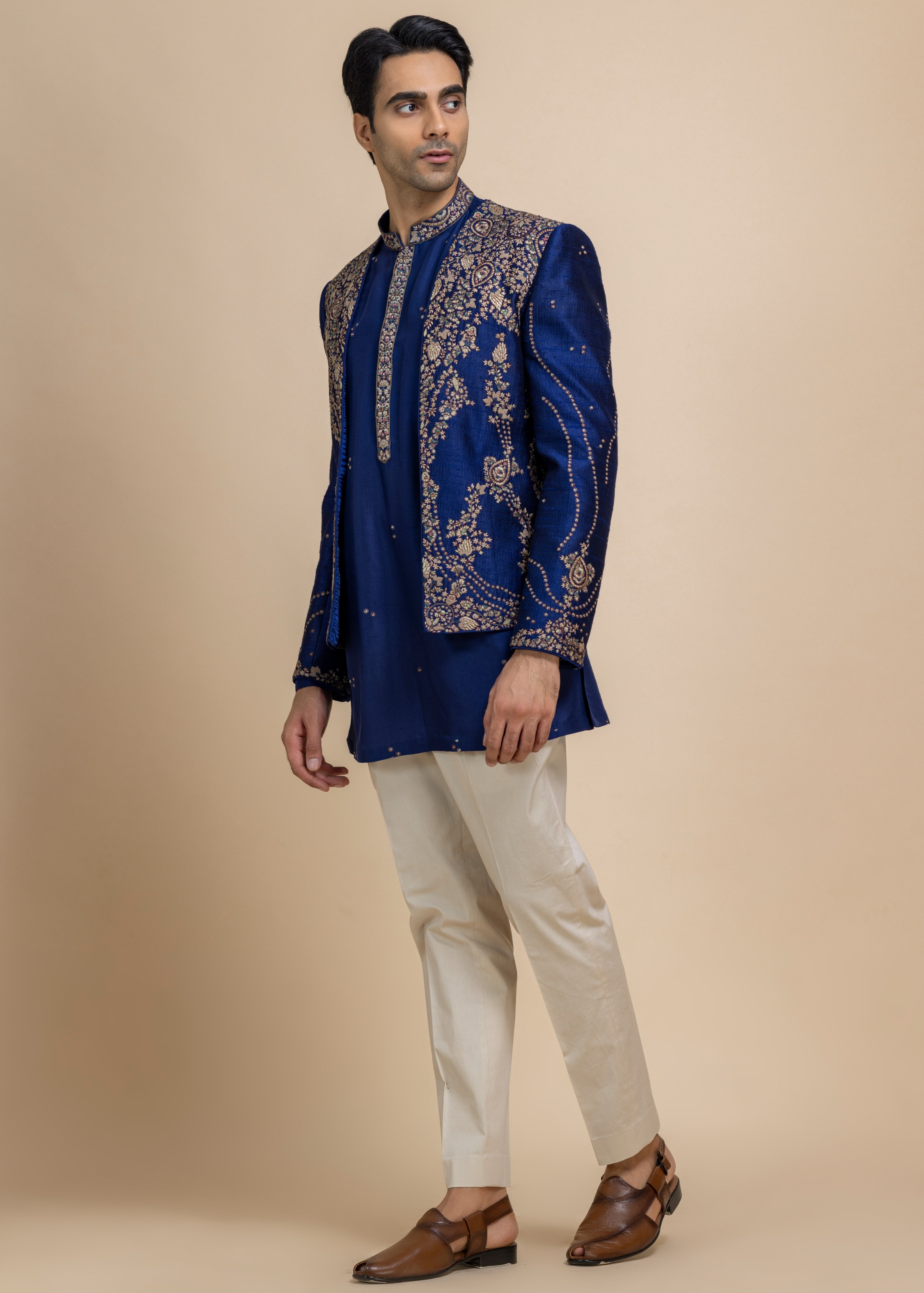 Sterling Royal Blue Open Jacket, Kurta & Pant Set