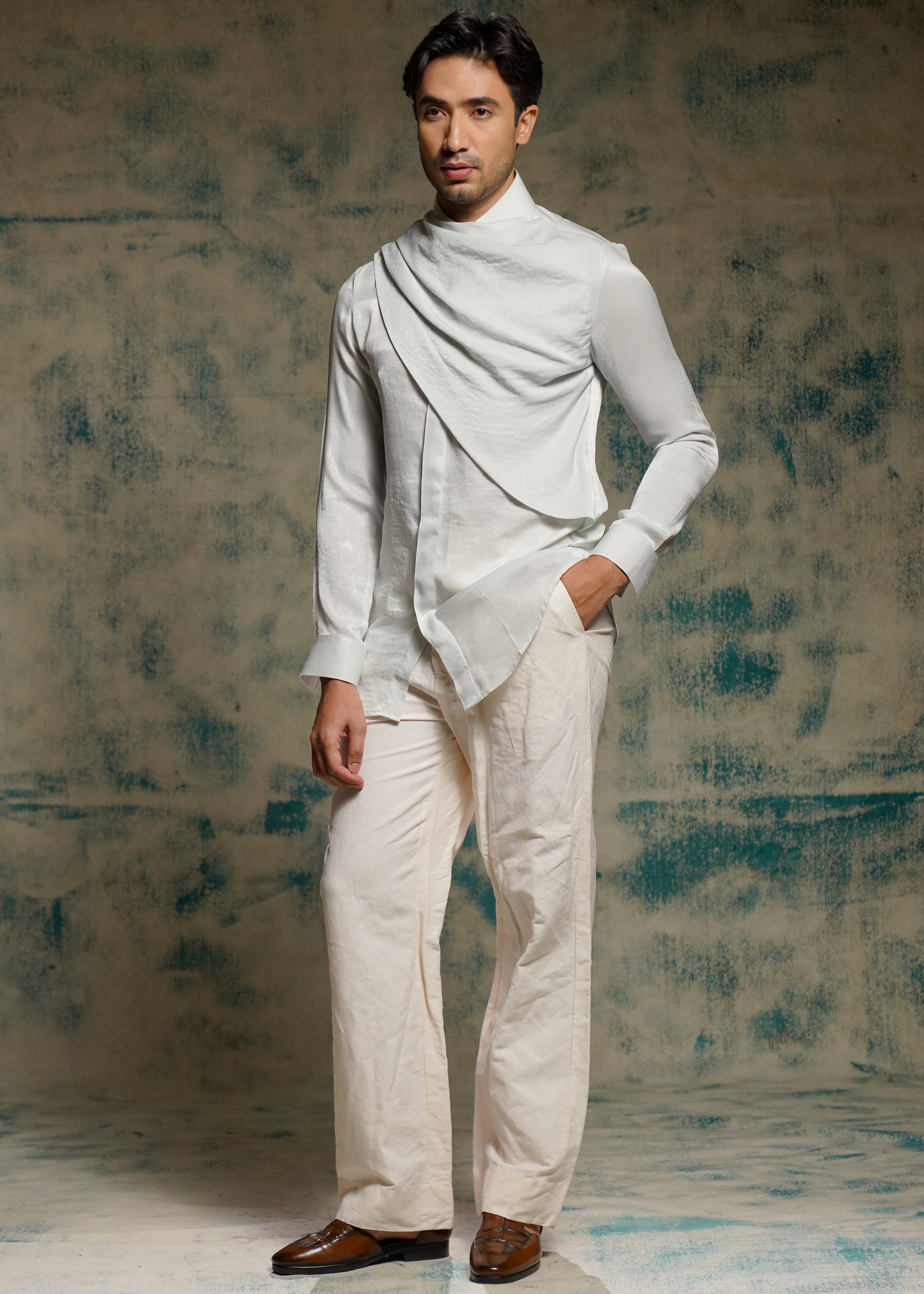Silver Sandwash Drape Shirt Set