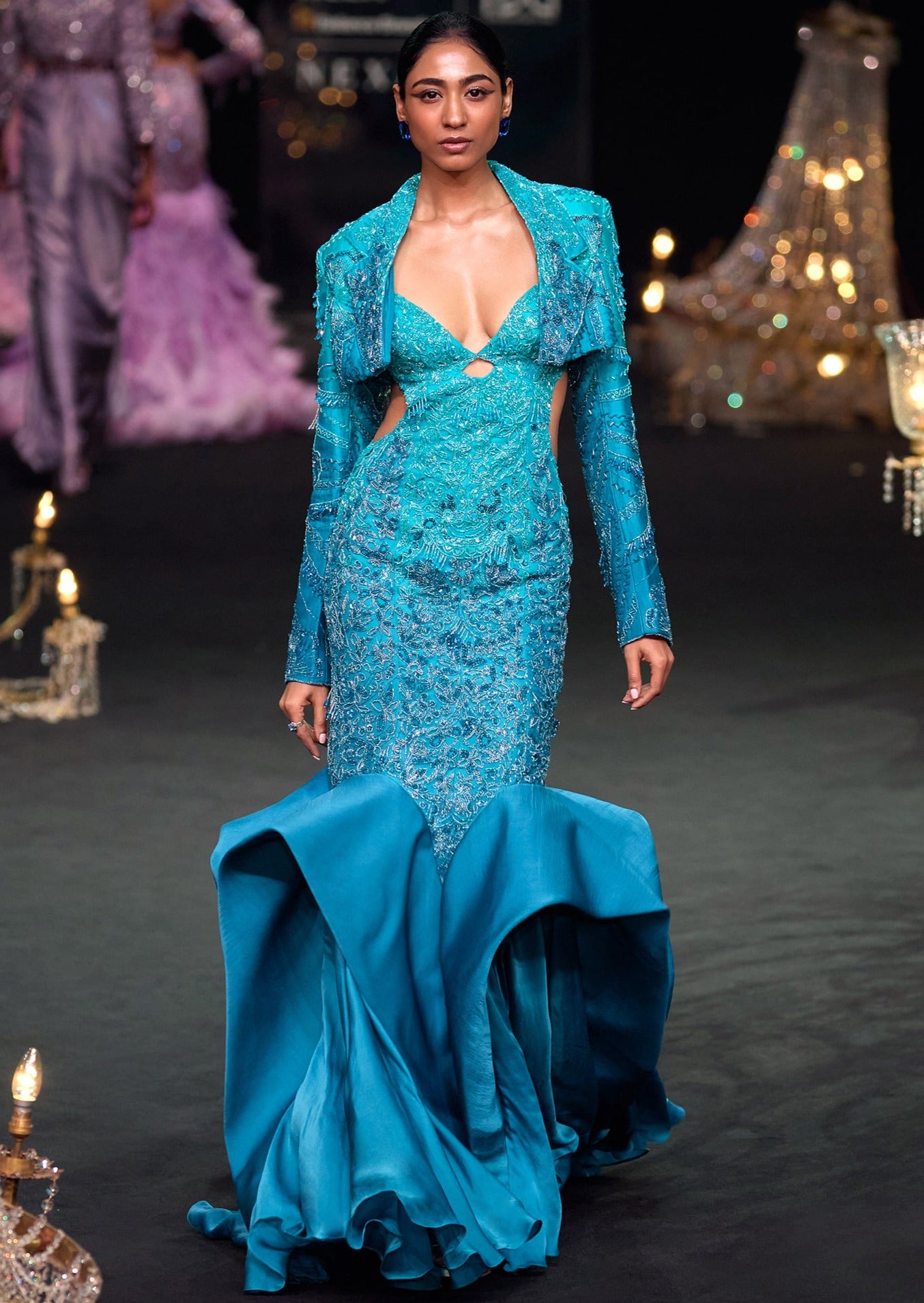 Green Blue Ombre Zardosi Fish Cut Draped Gown Green Blue Ombre Zardosi Fish Cut Draped Gown