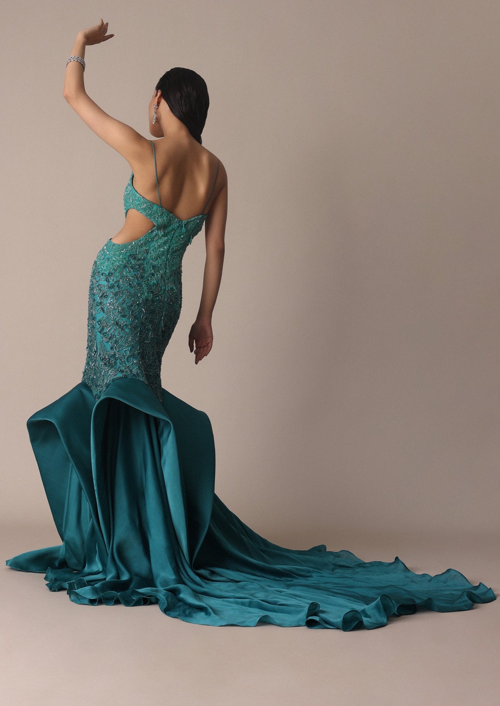 Green Blue Ombre Zardosi Fish Cut Draped Gown Green Blue Ombre Zardosi Fish Cut Draped Gown