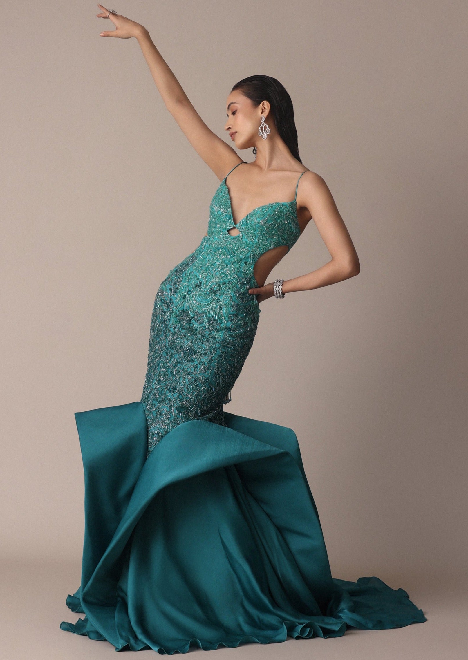Green Blue Ombre Zardosi Fish Cut Draped Gown Green Blue Ombre Zardosi Fish Cut Draped Gown