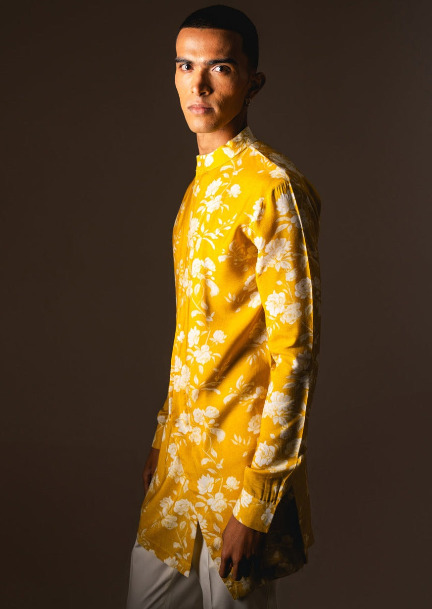 Yellow White Rose Side Slit Kurta Pajama Set