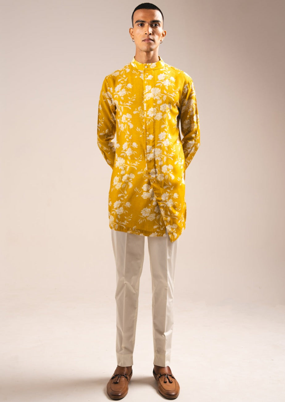 Yellow White Rose Side Slit Kurta Pajama Set