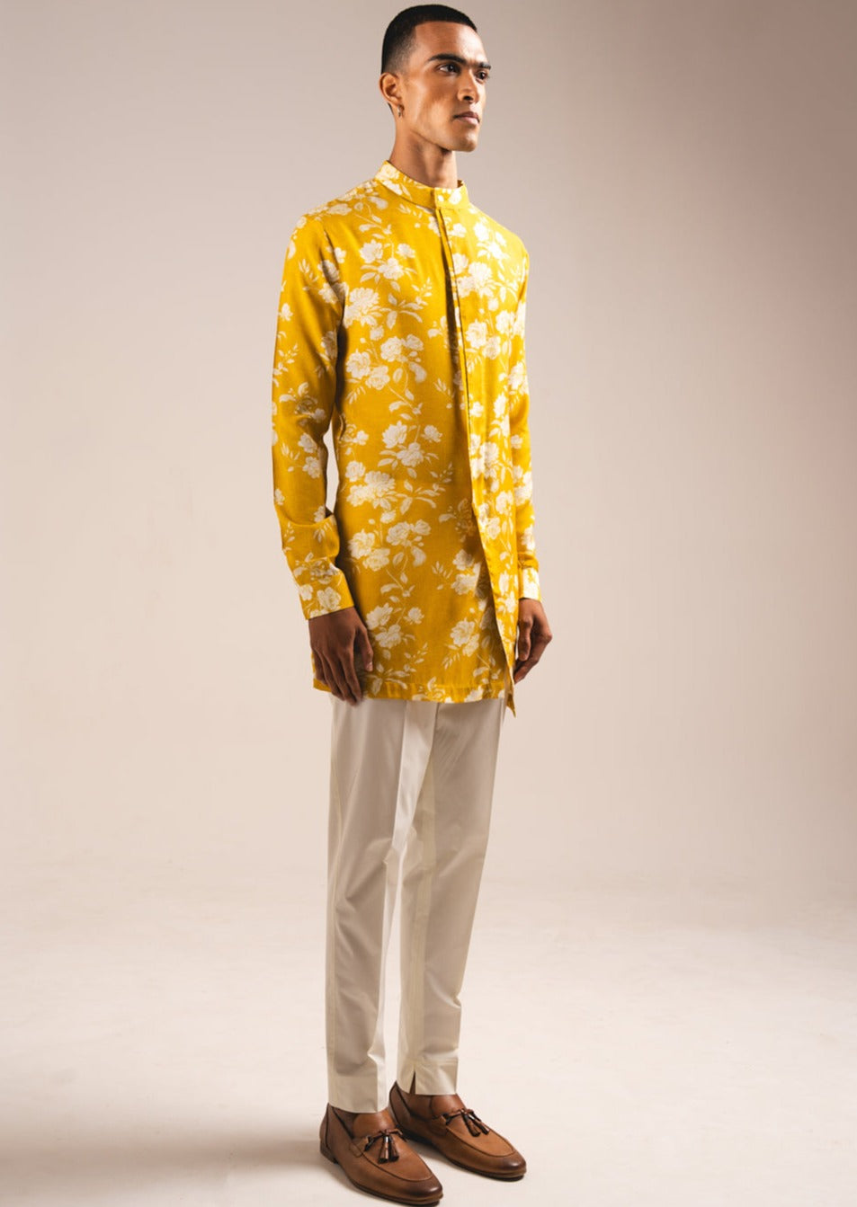 Yellow White Rose Side Slit Kurta Pajama Set