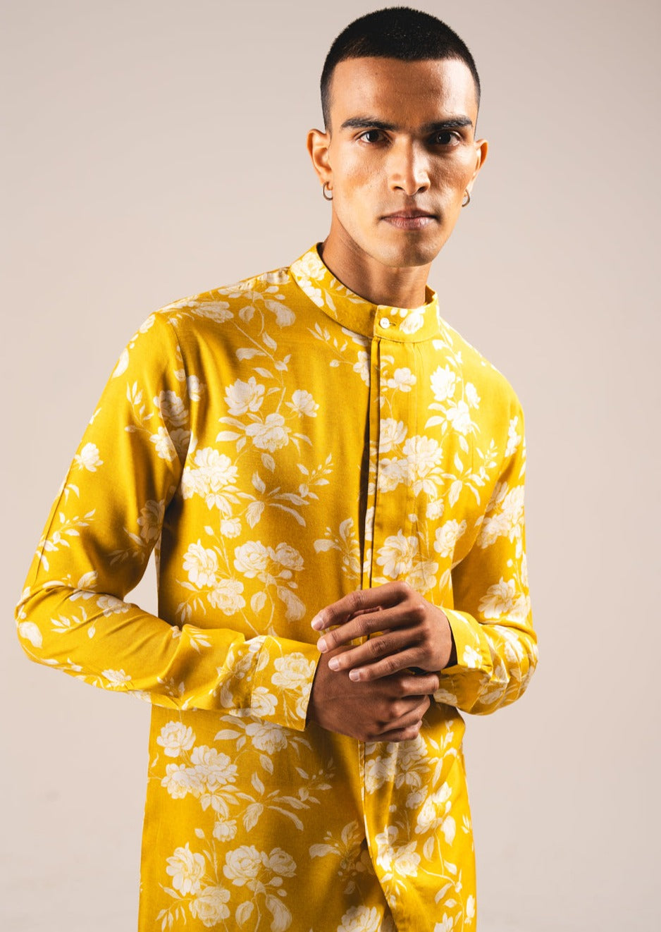 Yellow White Rose Side Slit Kurta Pajama Set