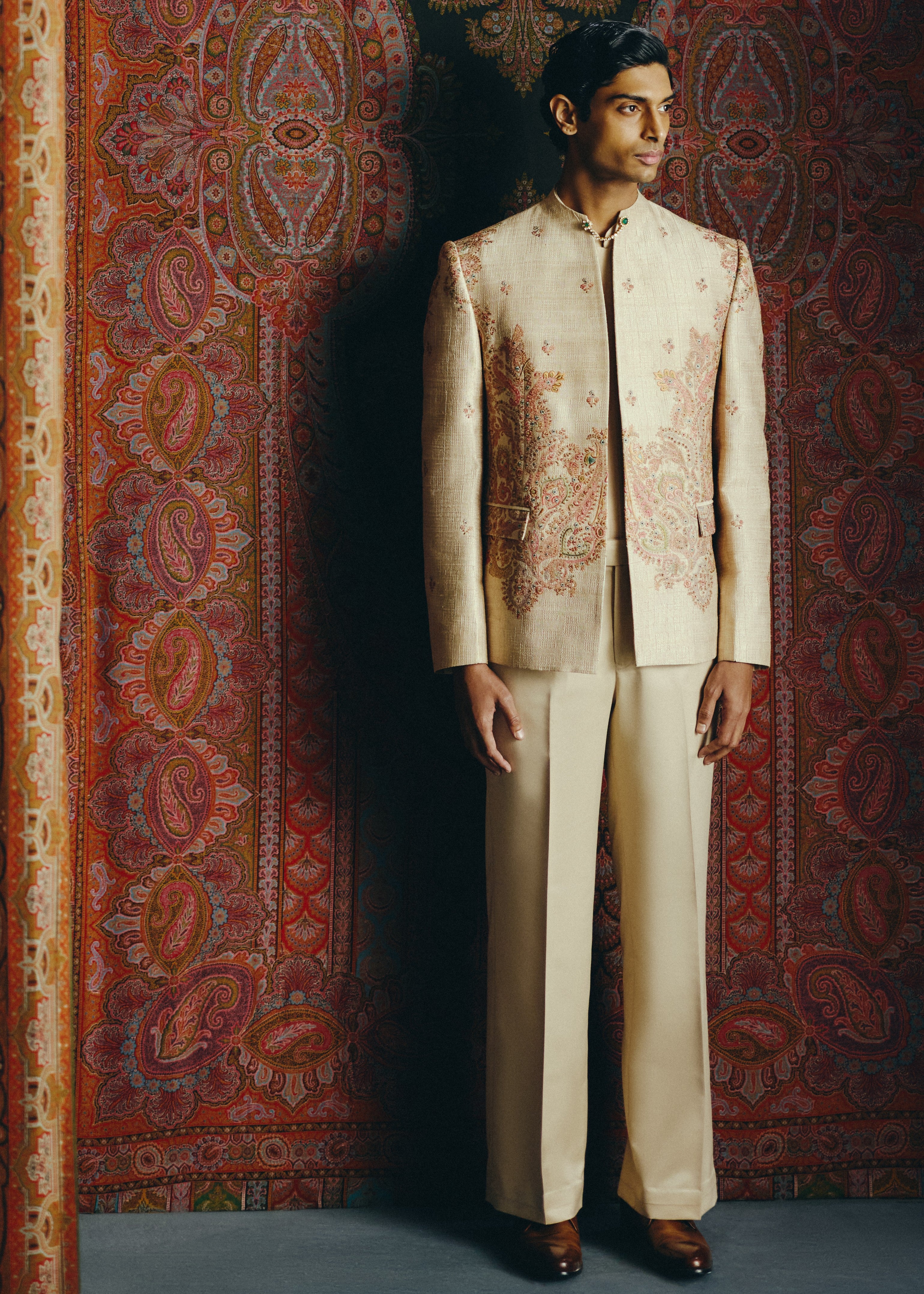 Nocturne Kashida Open Jacket With Shirt & Pant Set