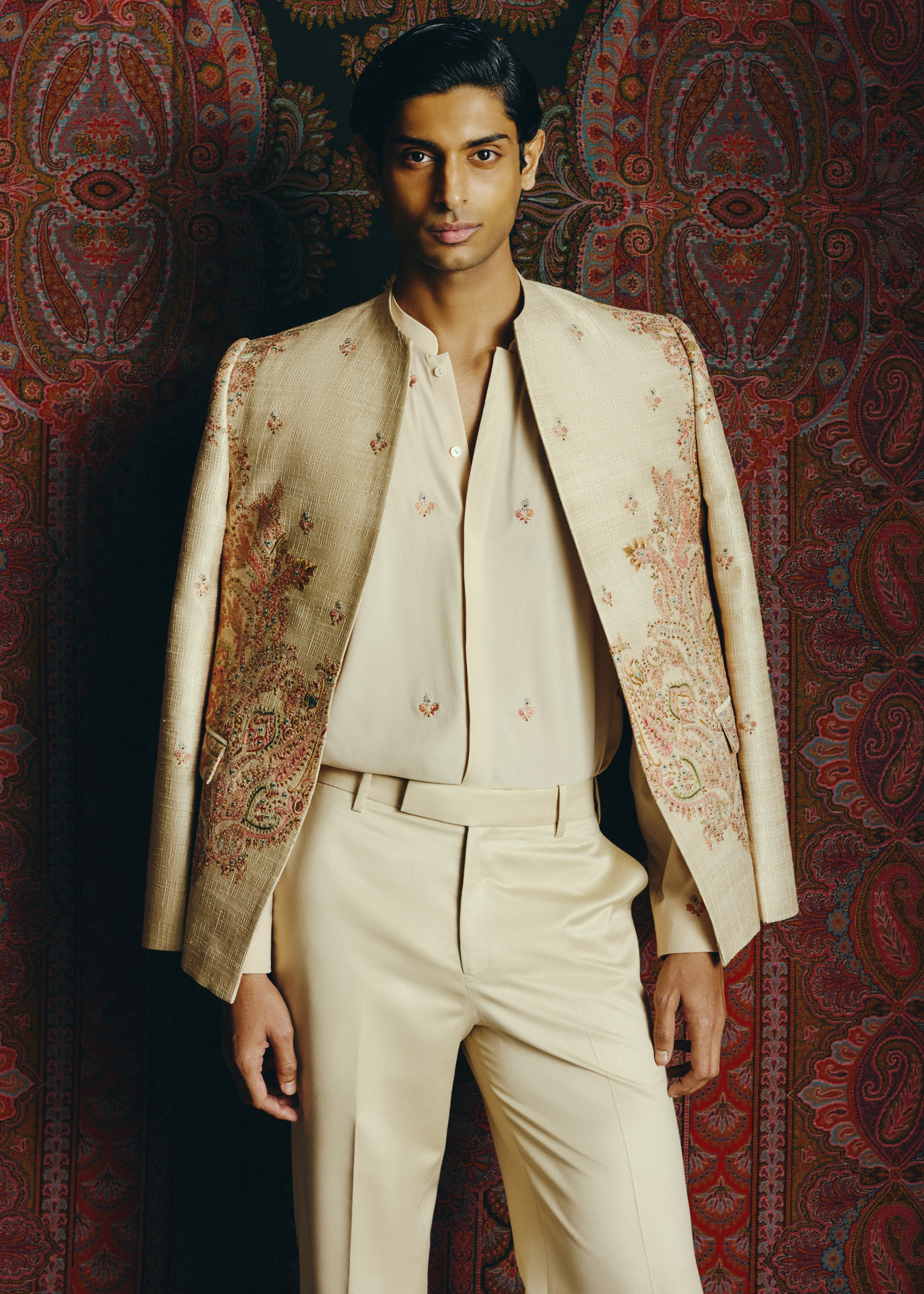 Nocturne Kashida Open Jacket With Shirt & Pant Set