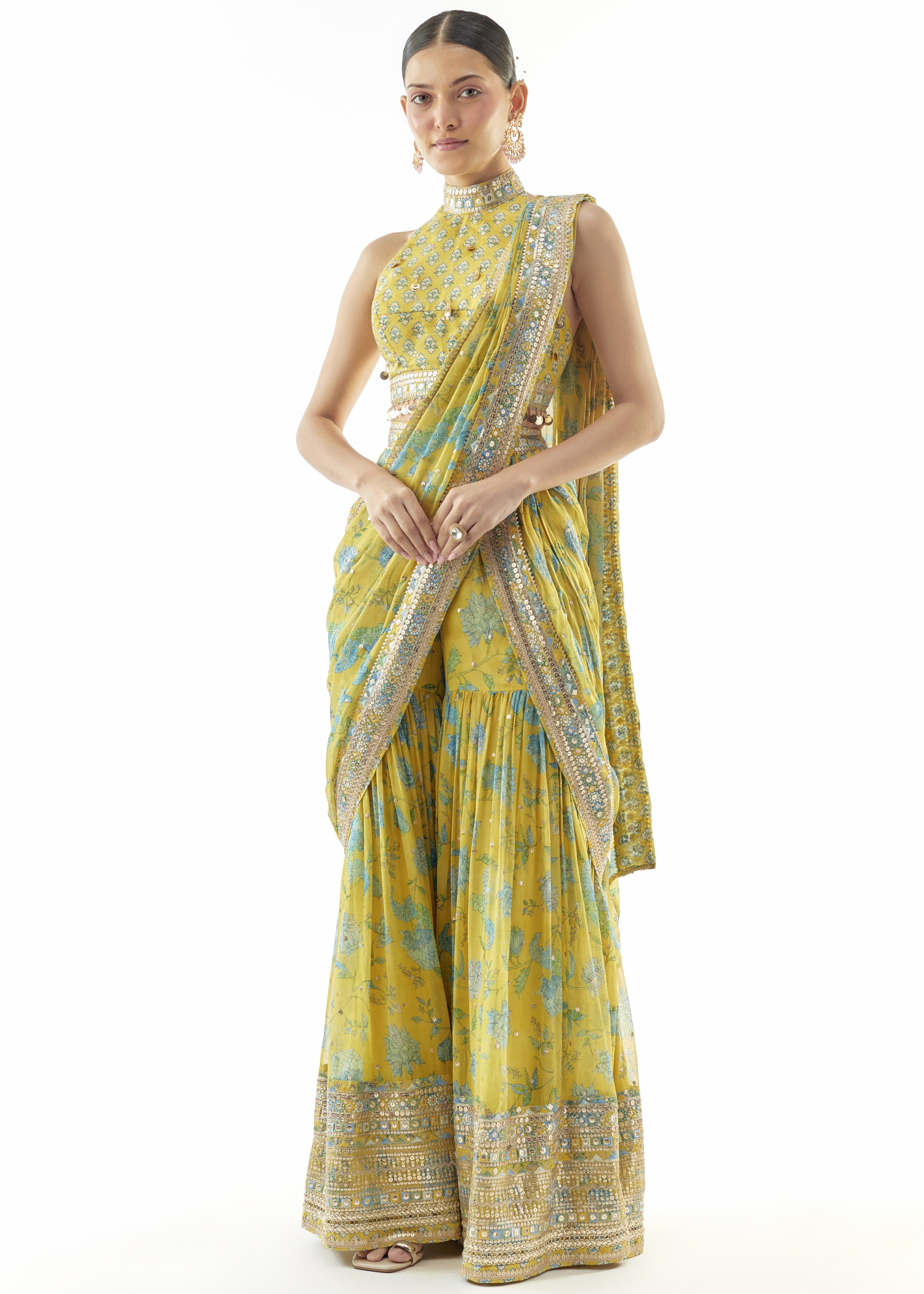 Yellow Pakhi Sharara Sari Set