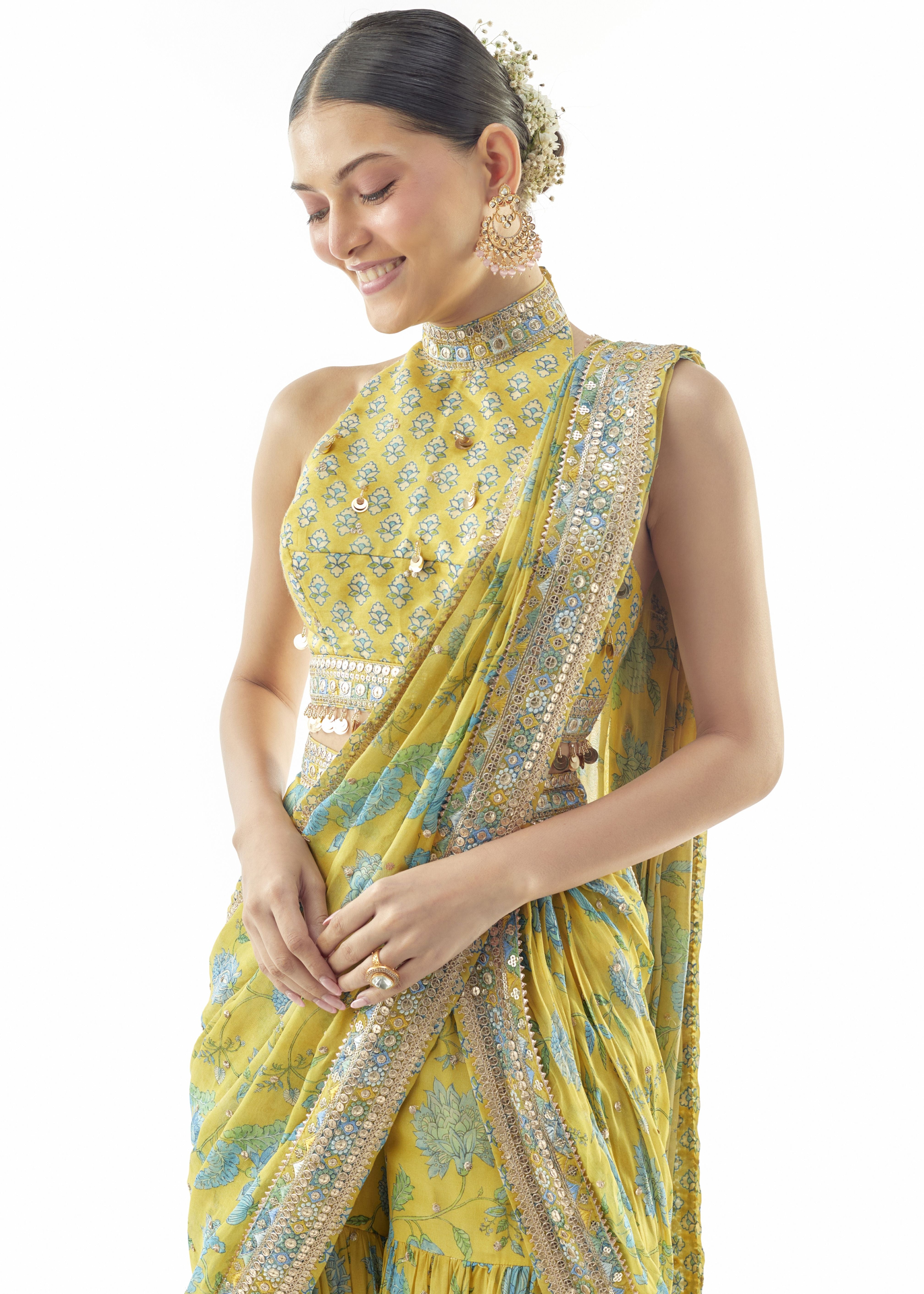 Yellow Pakhi Sharara Sari Set