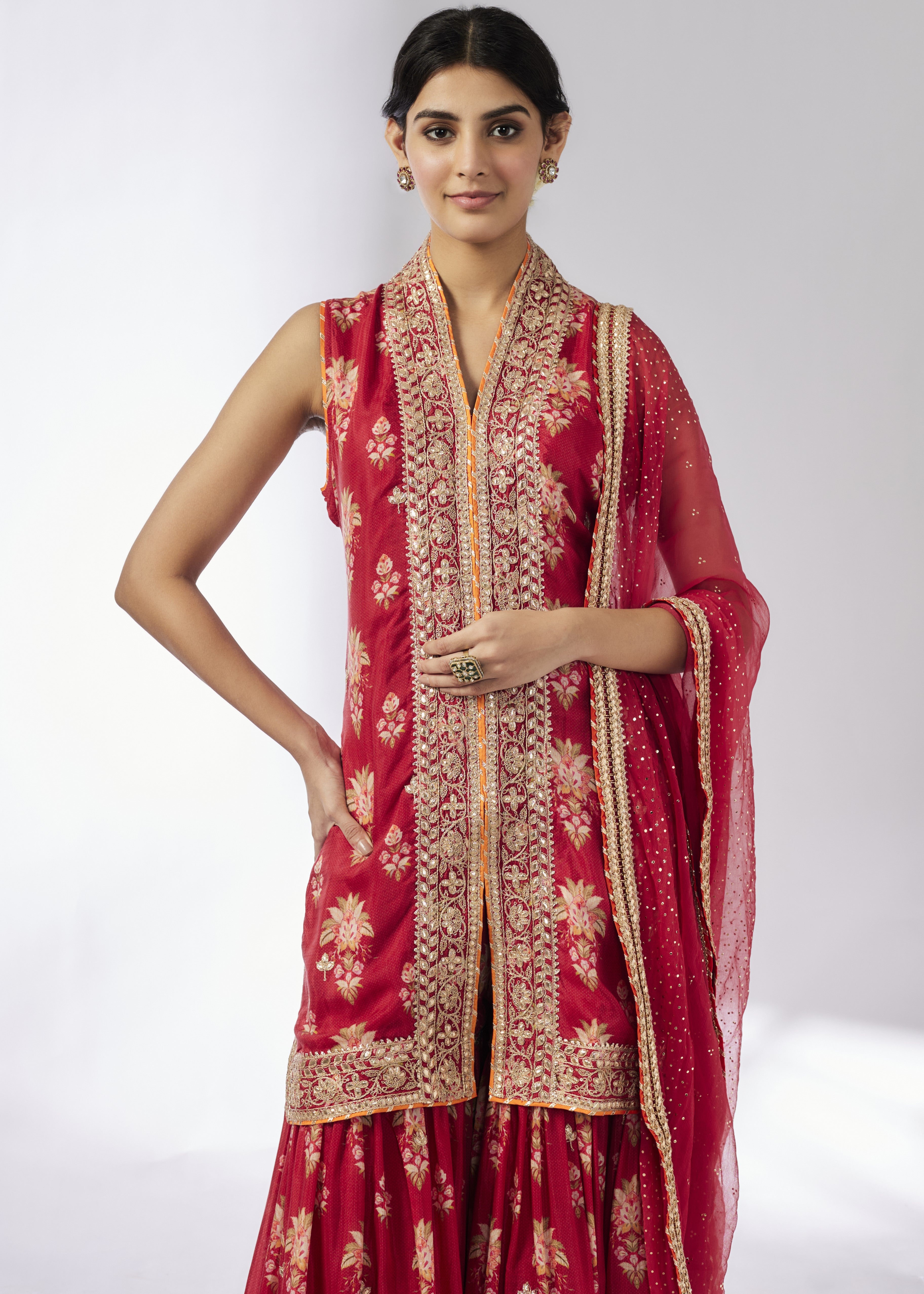 Red Dhriti Sleeveless Sharara Set