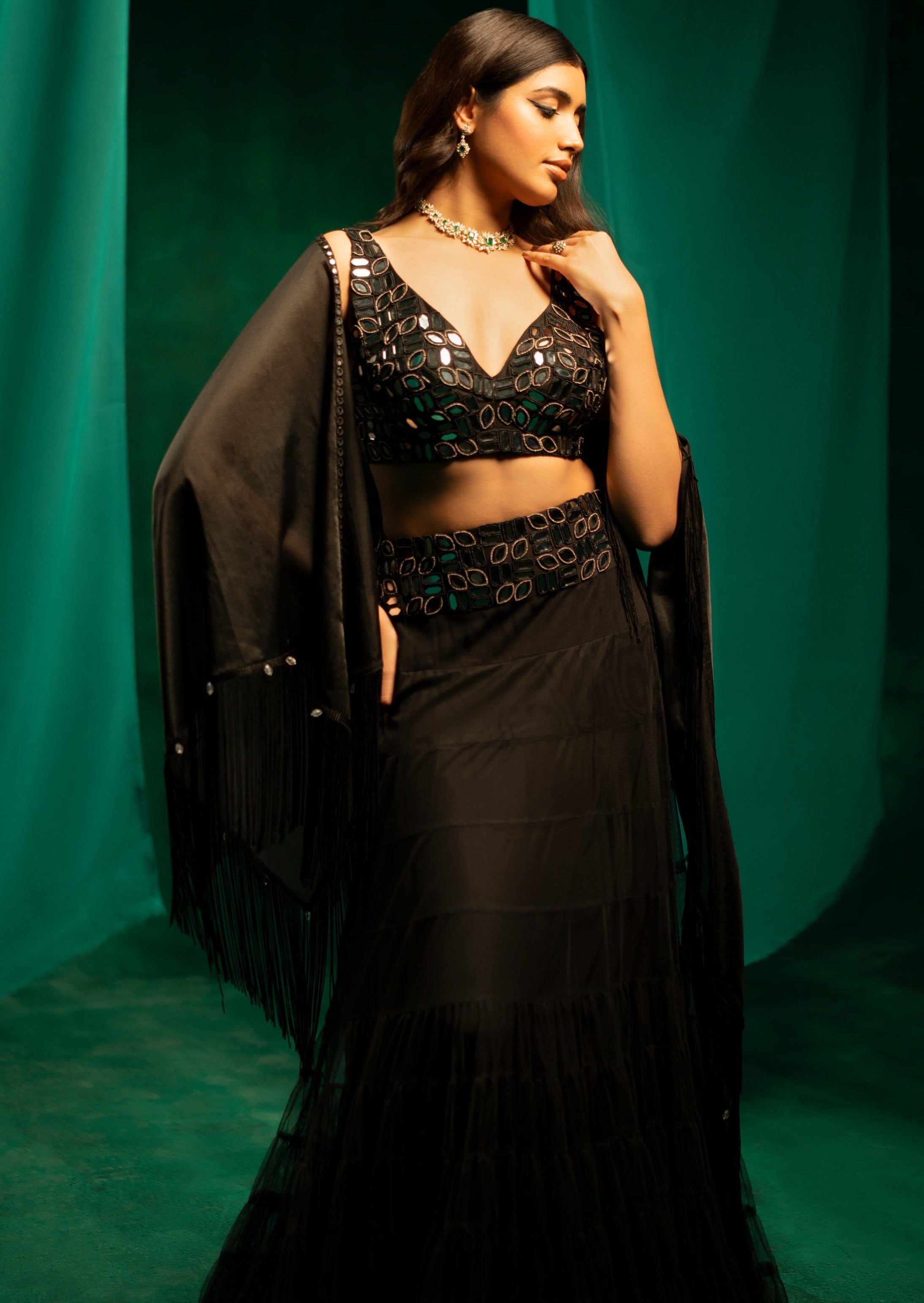 Black Mirrorwork Layered Lehenga Skirt Set