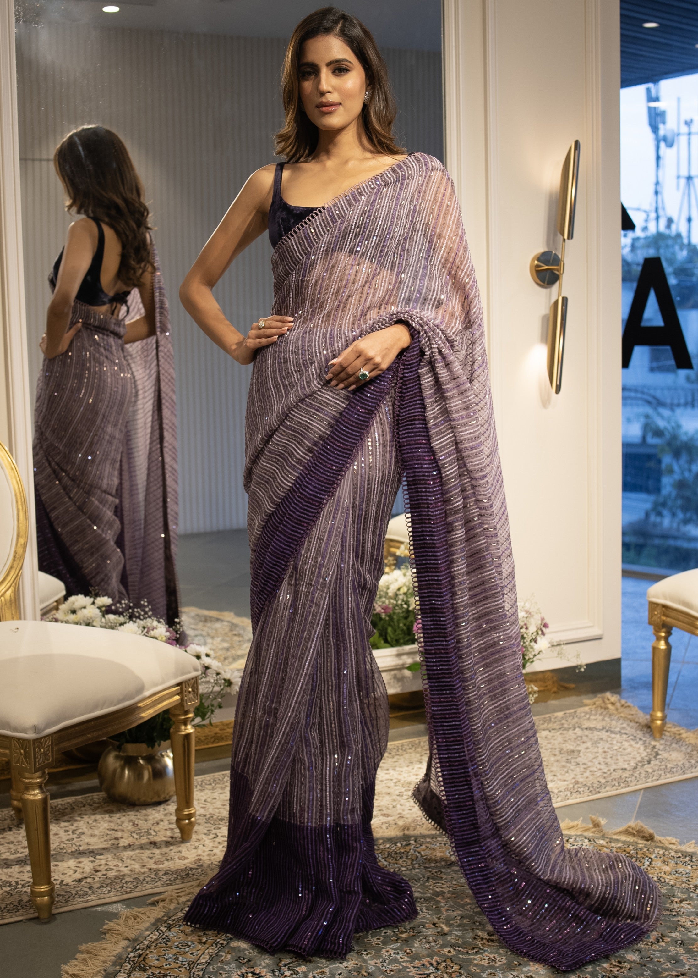 Purple Ombre Sequins Handloom Organza Sari