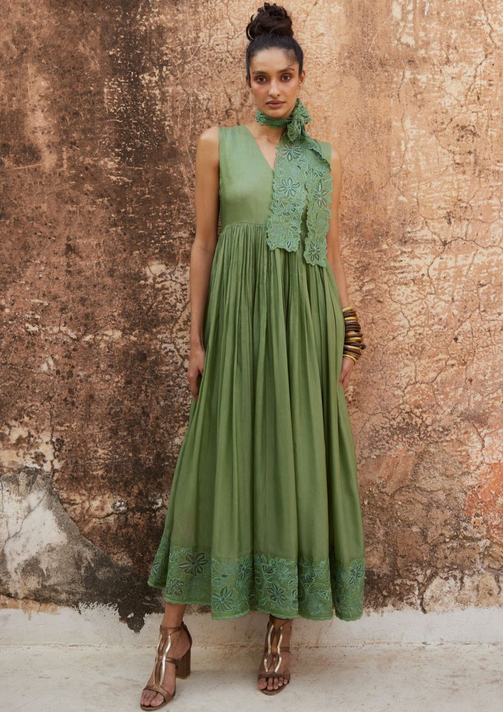 Chic Sage Green Silk Organza Maxi Dress