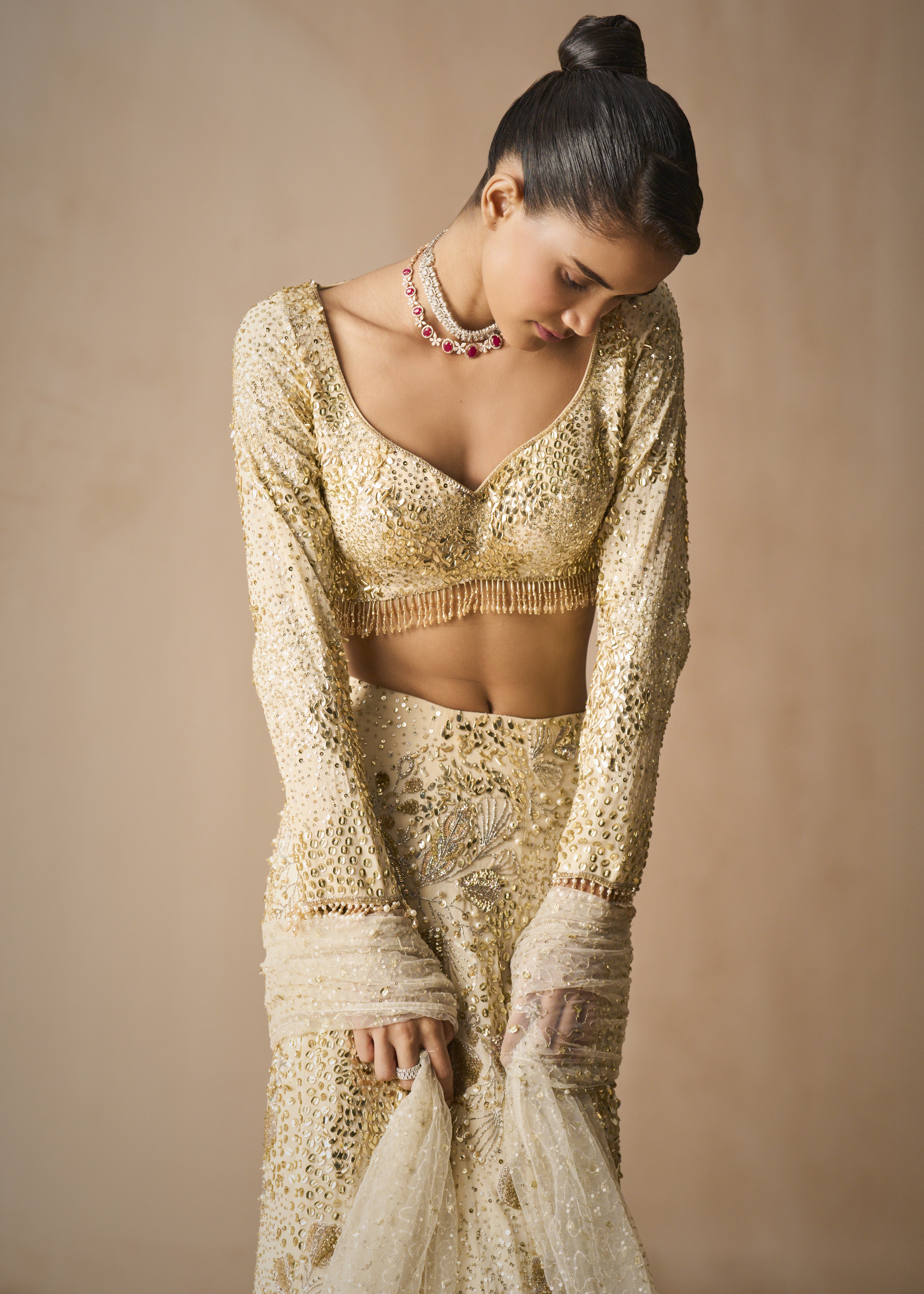 Ivory Georgette Fit And Flare Lehenga Set