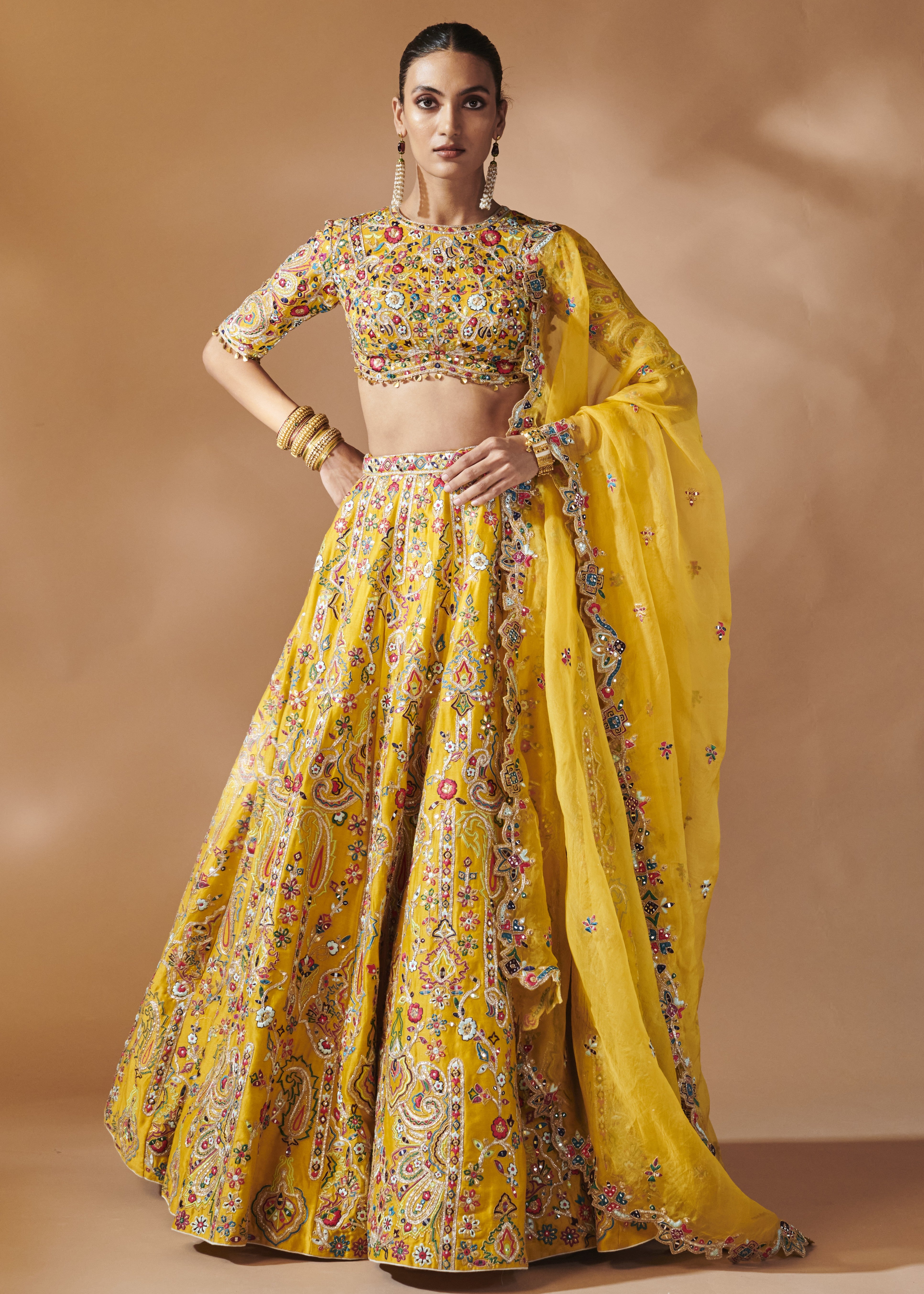 Mustard Lehenga Set With Elbow Lengt Sleeves
