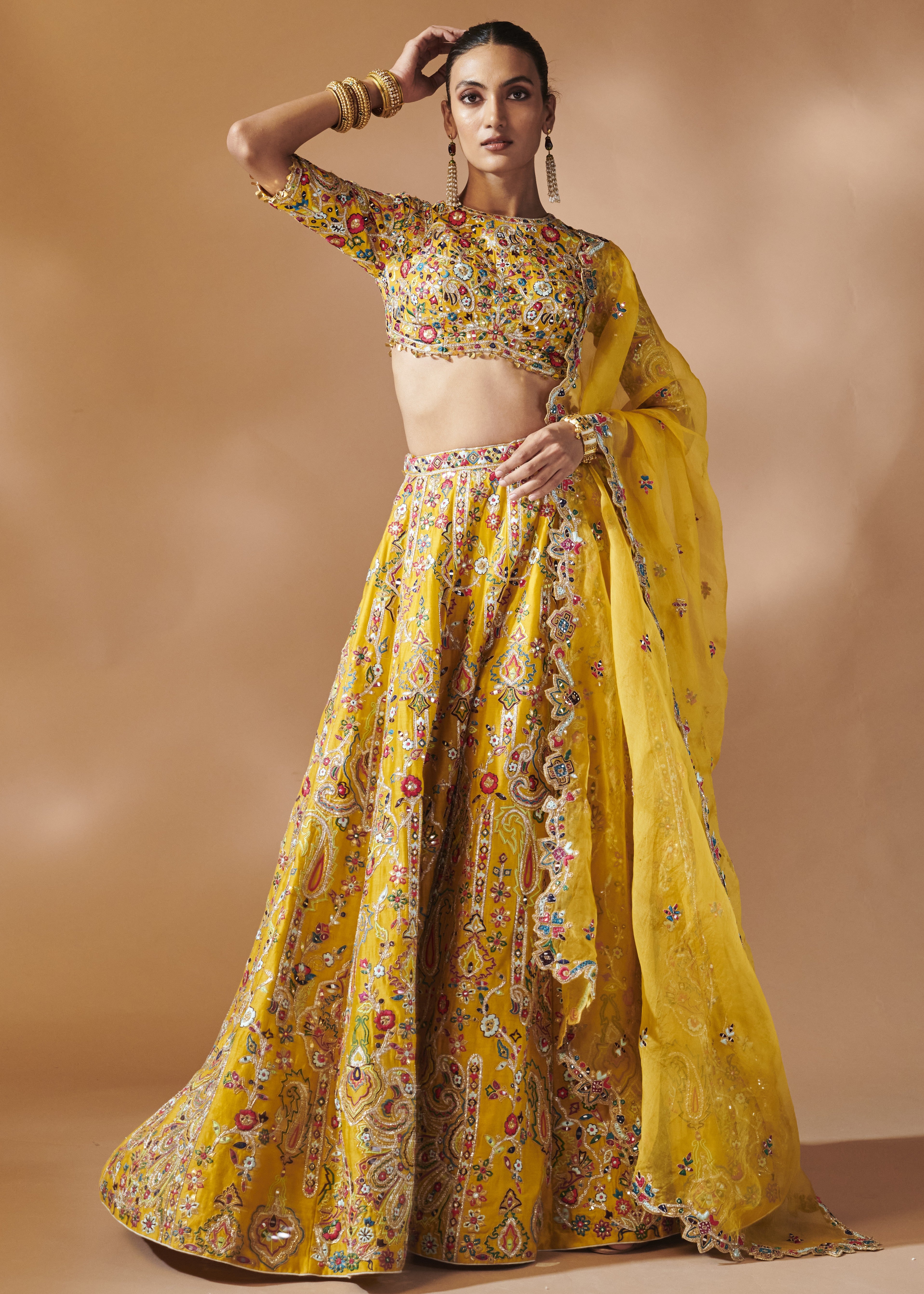 Mustard Lehenga Set With Elbow Lengt Sleeves