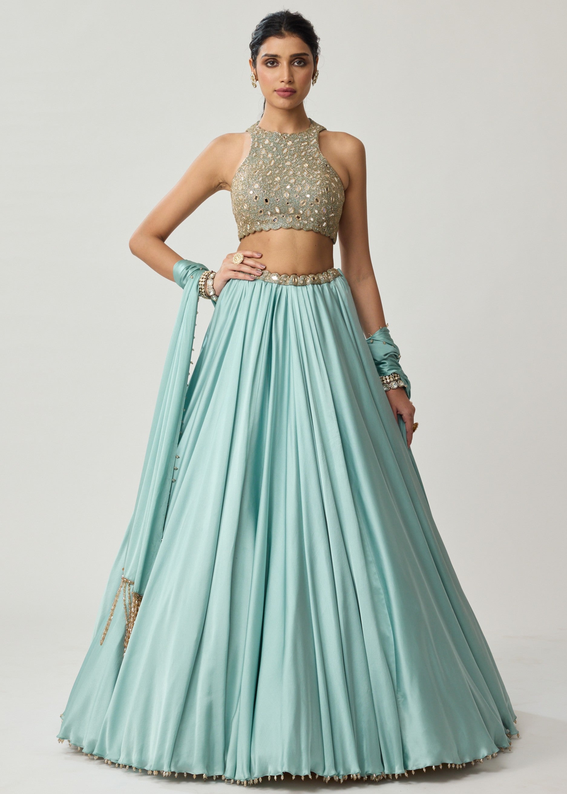 Powder Blue Mirror Satin Skirt Set