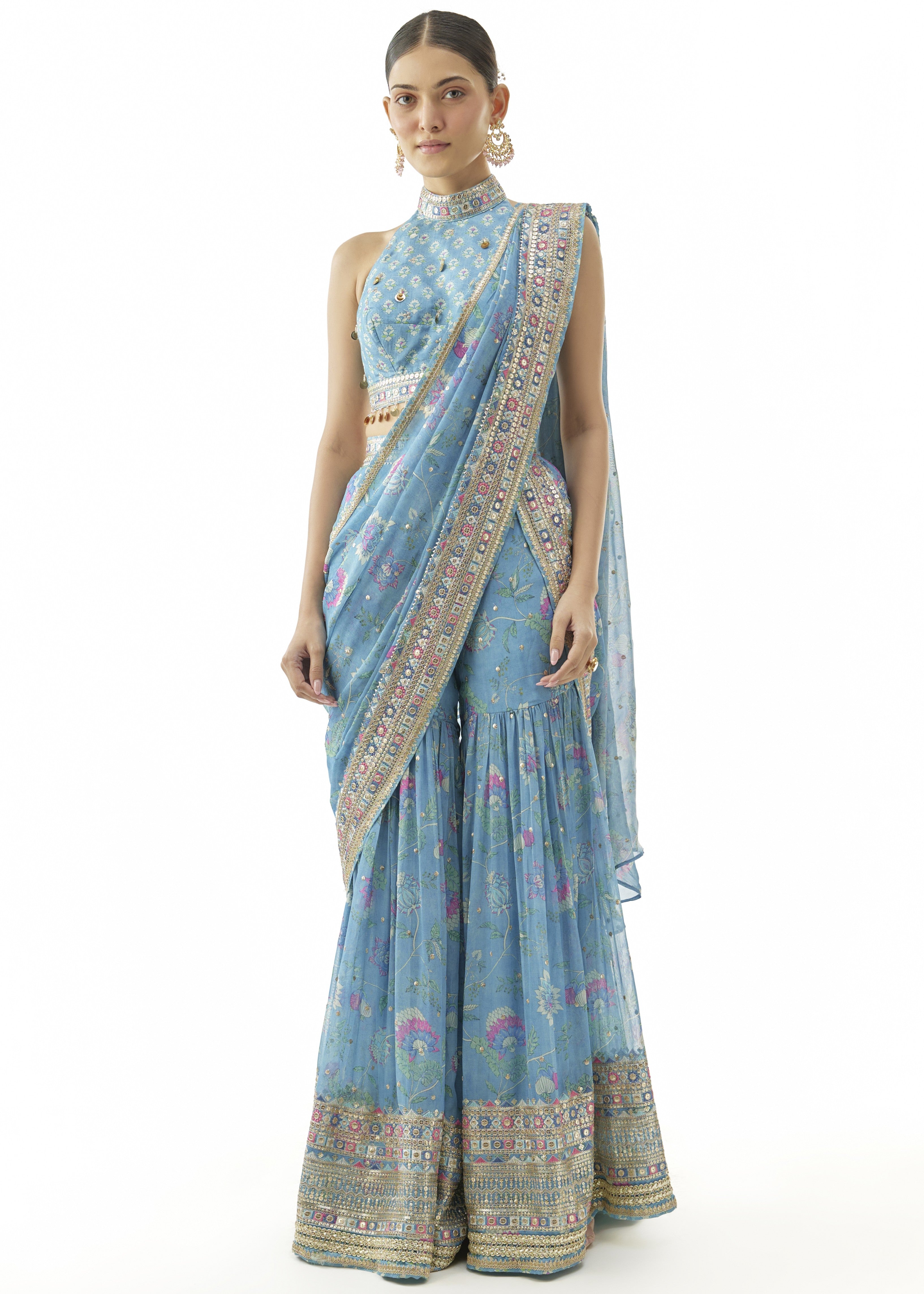 Blue Pakhi Sharara Sari Set