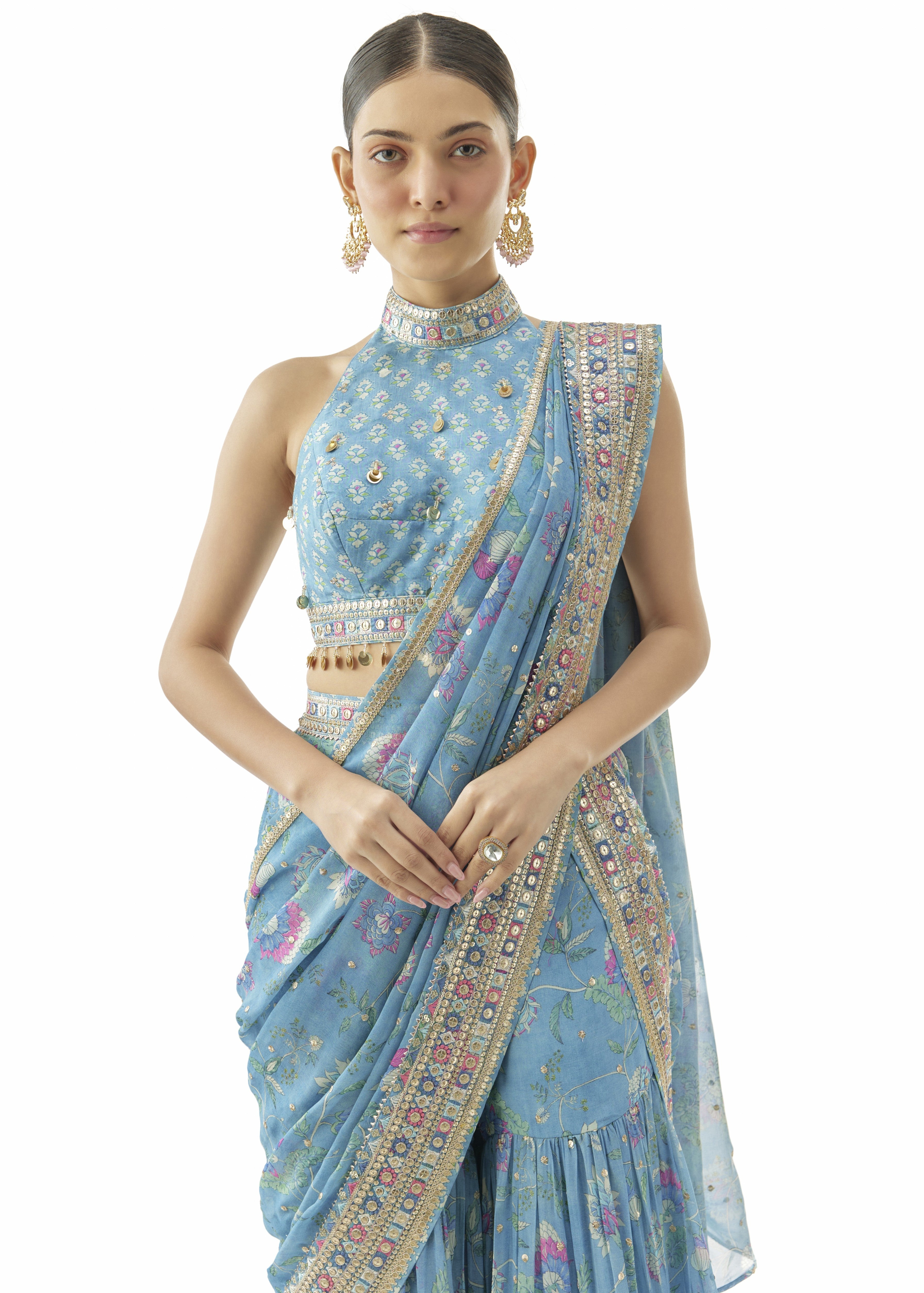 Blue Pakhi Sharara Sari Set