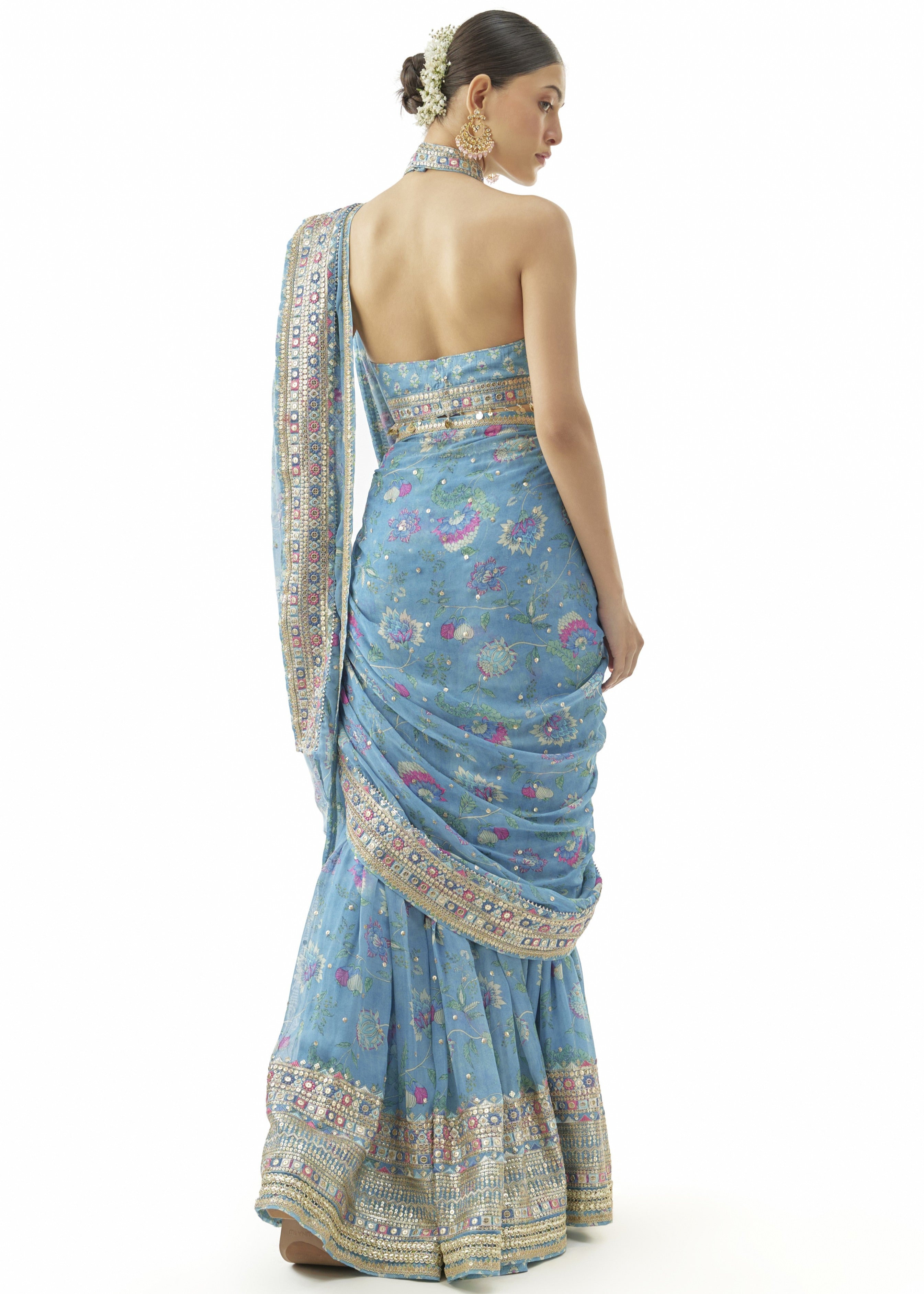 Blue Pakhi Sharara Sari Set