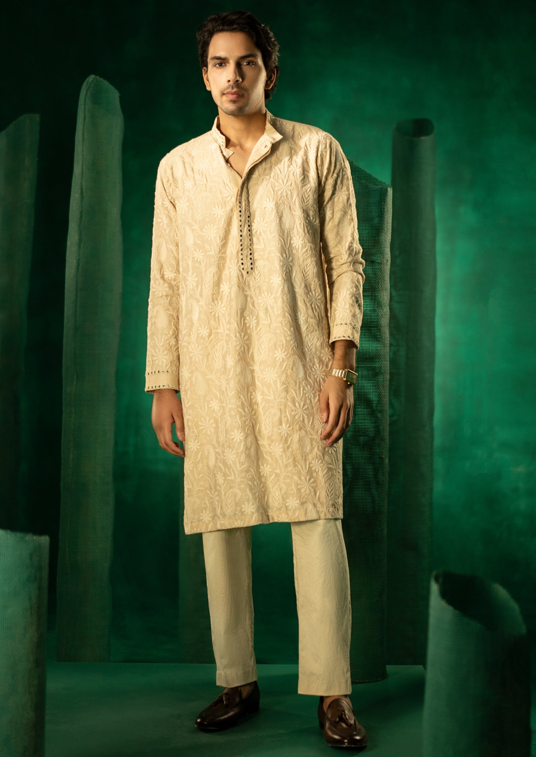 Beige Chikankari Mirror Embellished Kurta Set